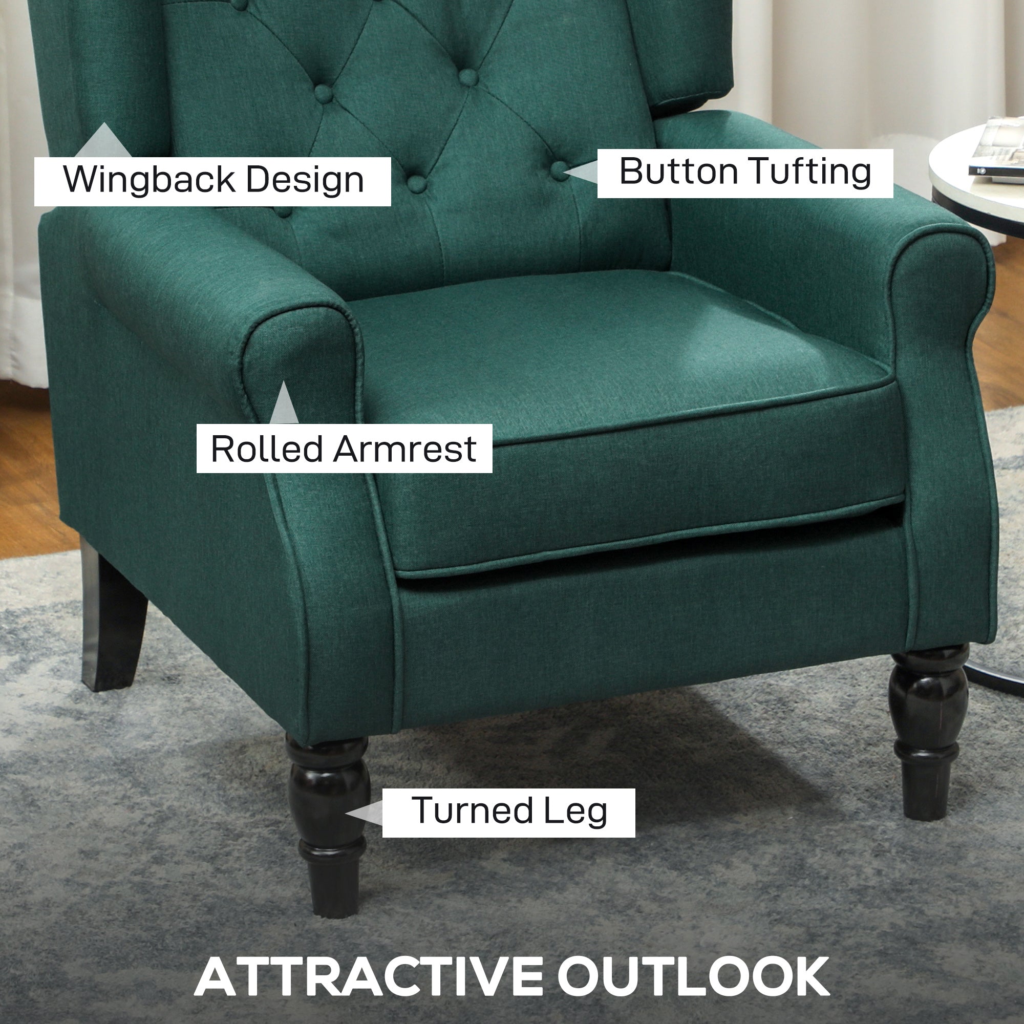 HOMCOM Wingback Accent Chair, Retro Upholstered Button Tufted Occasional Chair for Living Room and Bedroom, Dark Green
