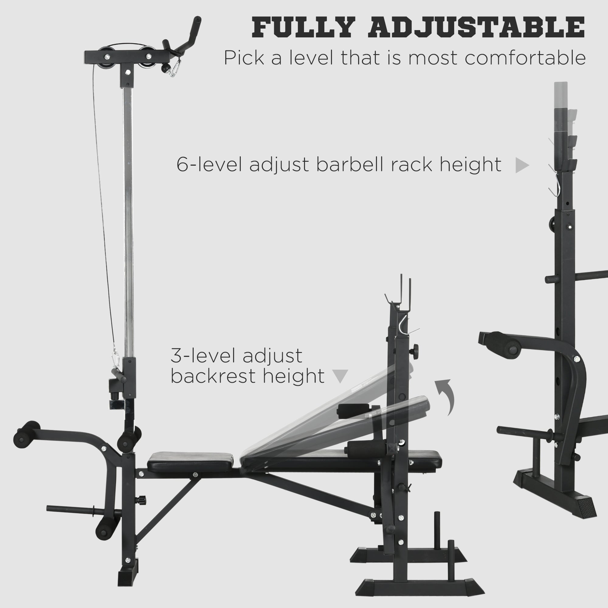 HOMCOM Adjustable Weight Bench with Pulley System, Incline Bench Press Set with Squat Rack, Leg Developer, Butterfly and Weight Storage, for Home Gym Full Body Workout