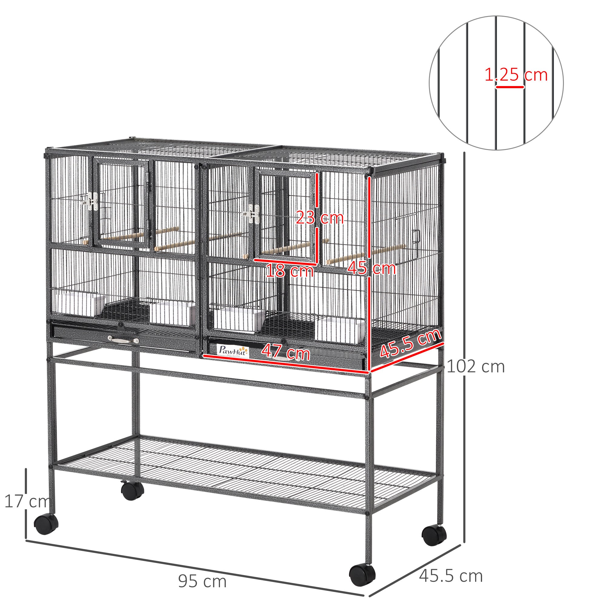 PawHut Large Bird Cage Parrot Cage with Divider, Slide Tray for Finch Canaries Parakeets Cockatiels, 95 x 45.5 x 102 cm