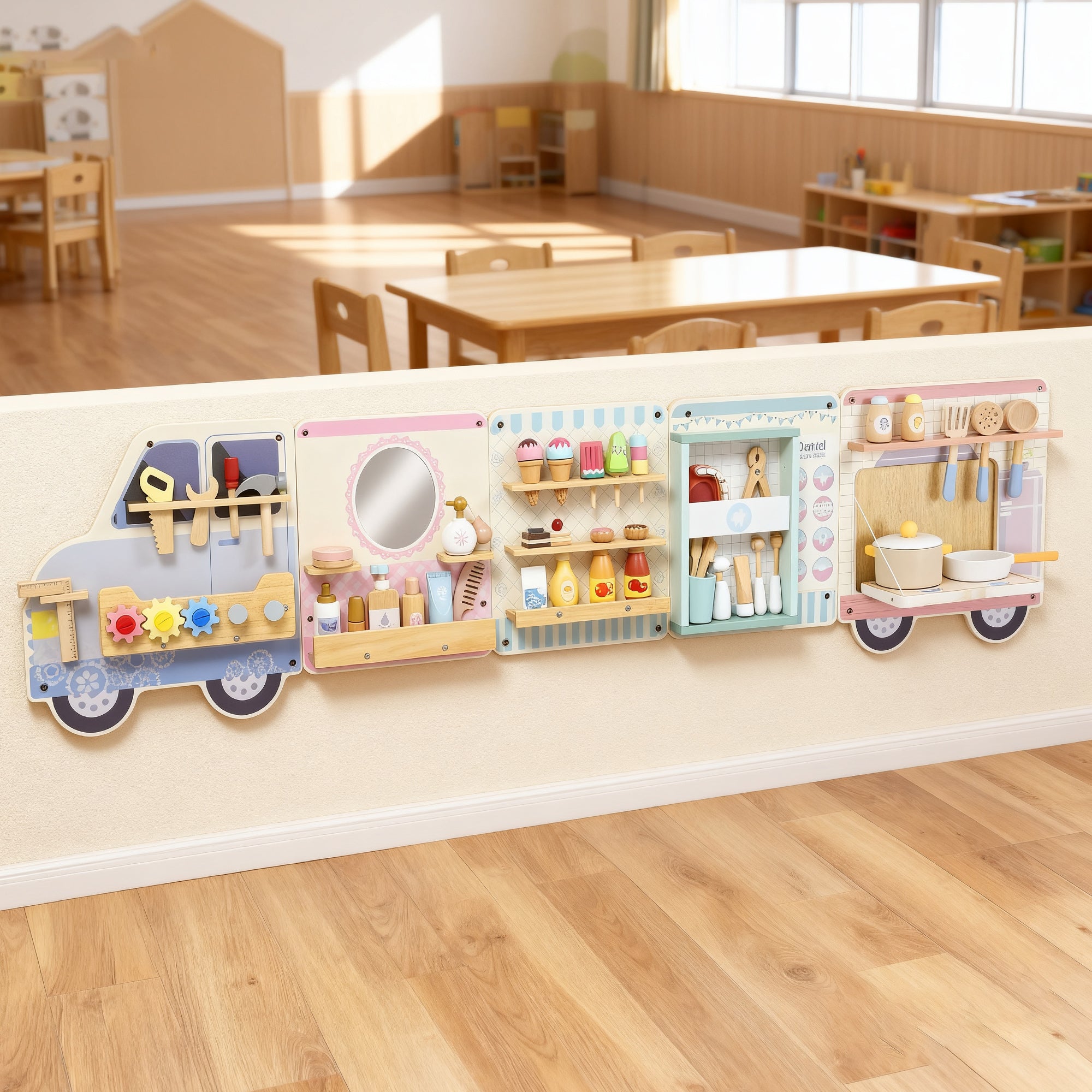 AIYAPLAY Wooden Busy Board, 5 in 1 Activity Wall Panels for Kids 3+ Years, for Daycare, Playroom, Home
