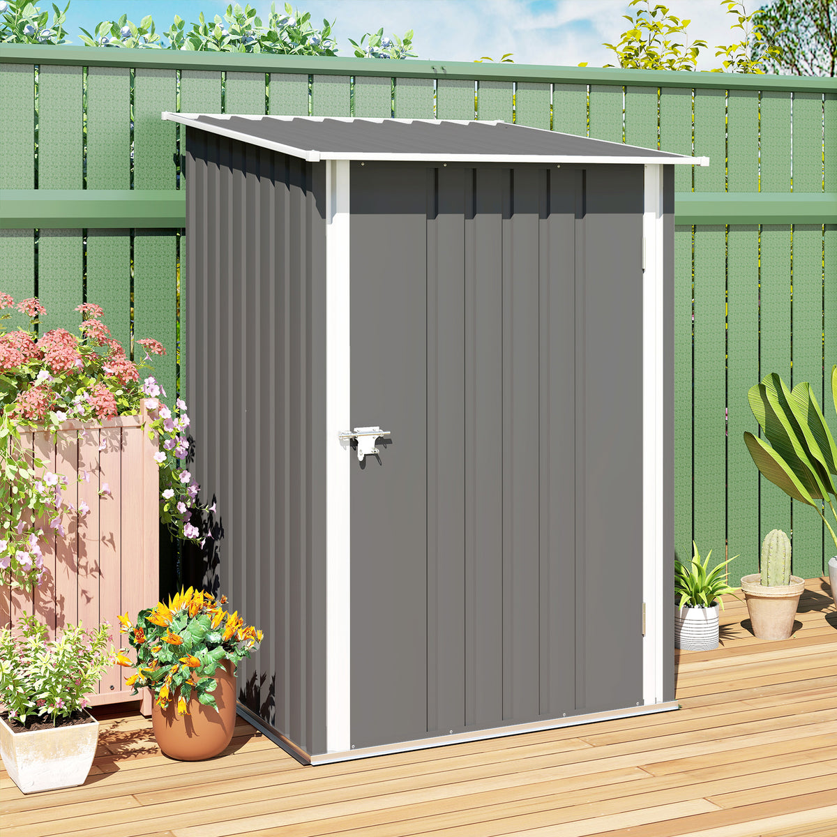 Outsunny 3.3 x 3.4ft Lean To Steel Garden Shed, with Locking Door - Grey