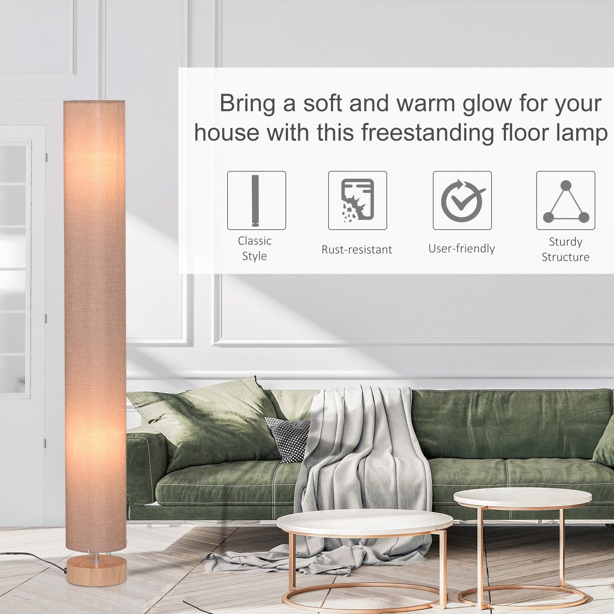 HOMCOM 47-Inch Modern Wooden Floor Lamp for Bedroom, Study or Living Space with Fabric Linen Shade (Beige) 120 CM