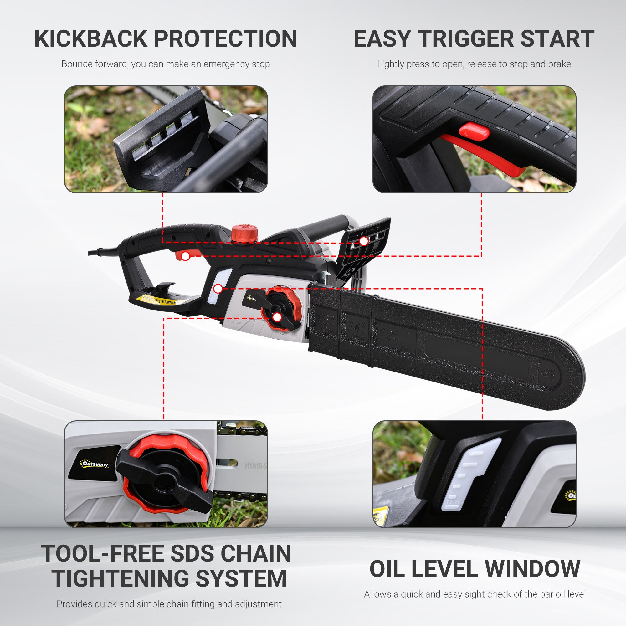 DURHAND 1600W Electric Chainsaw with Double Brake, Tool-Free Chain Tensioning and 40cm Guide Bar and Chain, Power Saw to Cut Wood, Auto Chain Lubrication