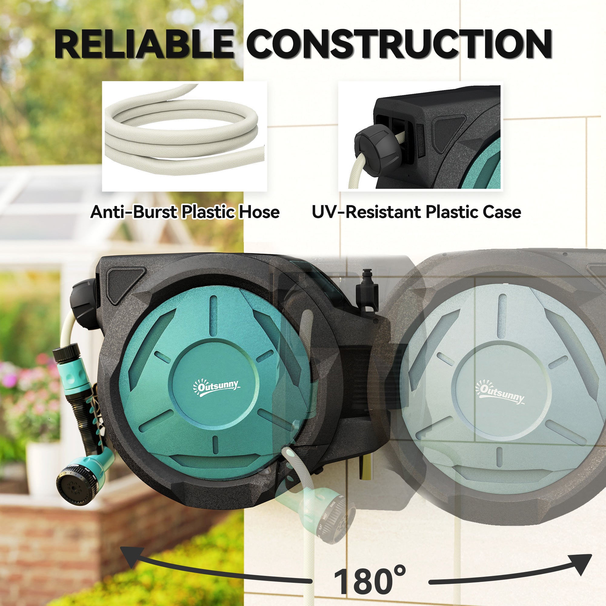 Outsunny Retractable Hose Reel Wall Mounted, 20+2m Garden Hose Pipe Reel with Lock, Auto Rewind, 7 in 1 Spray Nozzle, Includes Wall Fixings, 180° Swivel, Outdoor Watering, 54 x 20 x 39 cm, Black