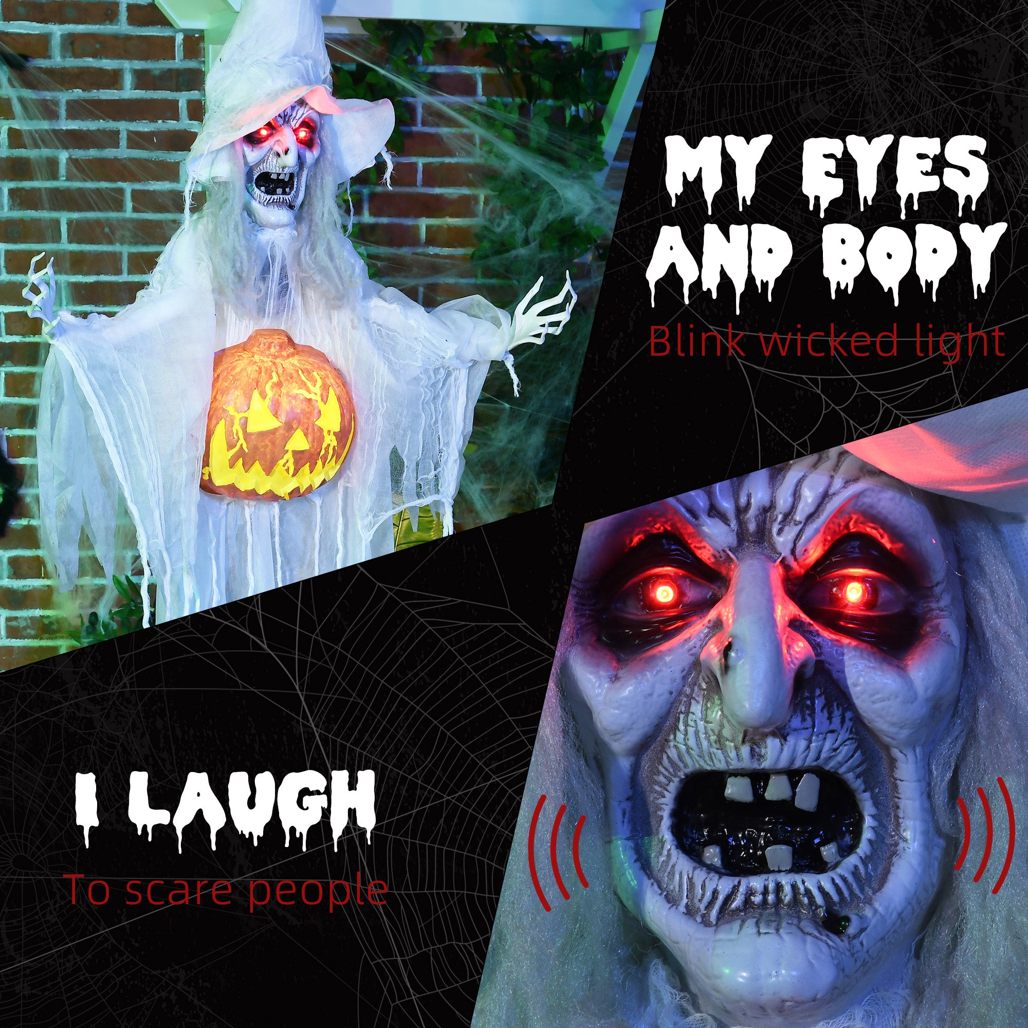 HOMCOM 6ft Outdoor Halloween Decoration Witch with Pumpkin, Standing Skeleton Witch Prop Life Size with Sound and Motion Activated, Light Up Eyes, Laughing Sound, Posable Arms, White