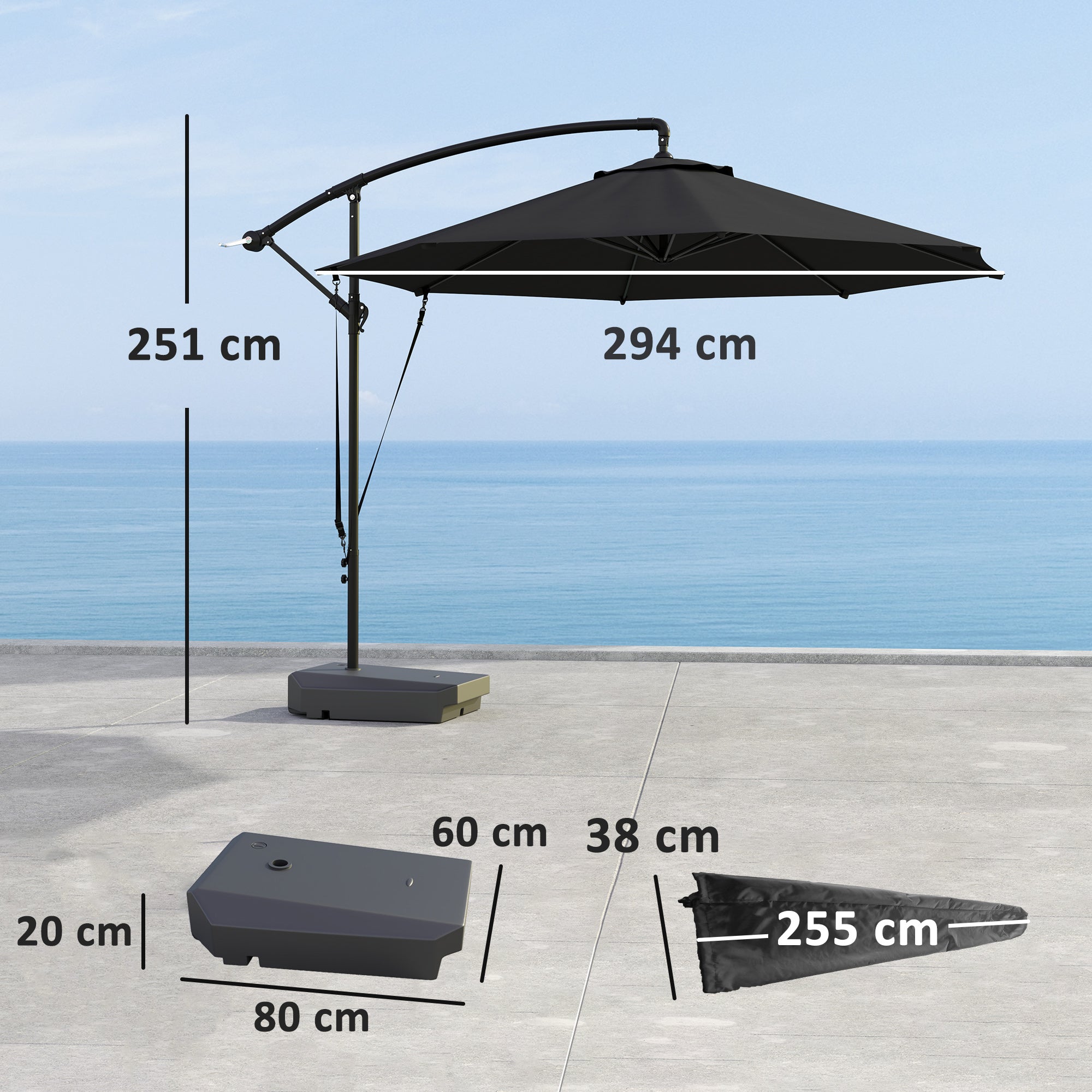 Outsunny 3(m) Garden Cantilever Parasol with Fillable Base, Wind Protection Strap, Cover, Round Banana Hanging Umbrella with Crank Handle and Tilt, Patio Umbrella for Outdoor Sun Shade, UPF50+, Grey