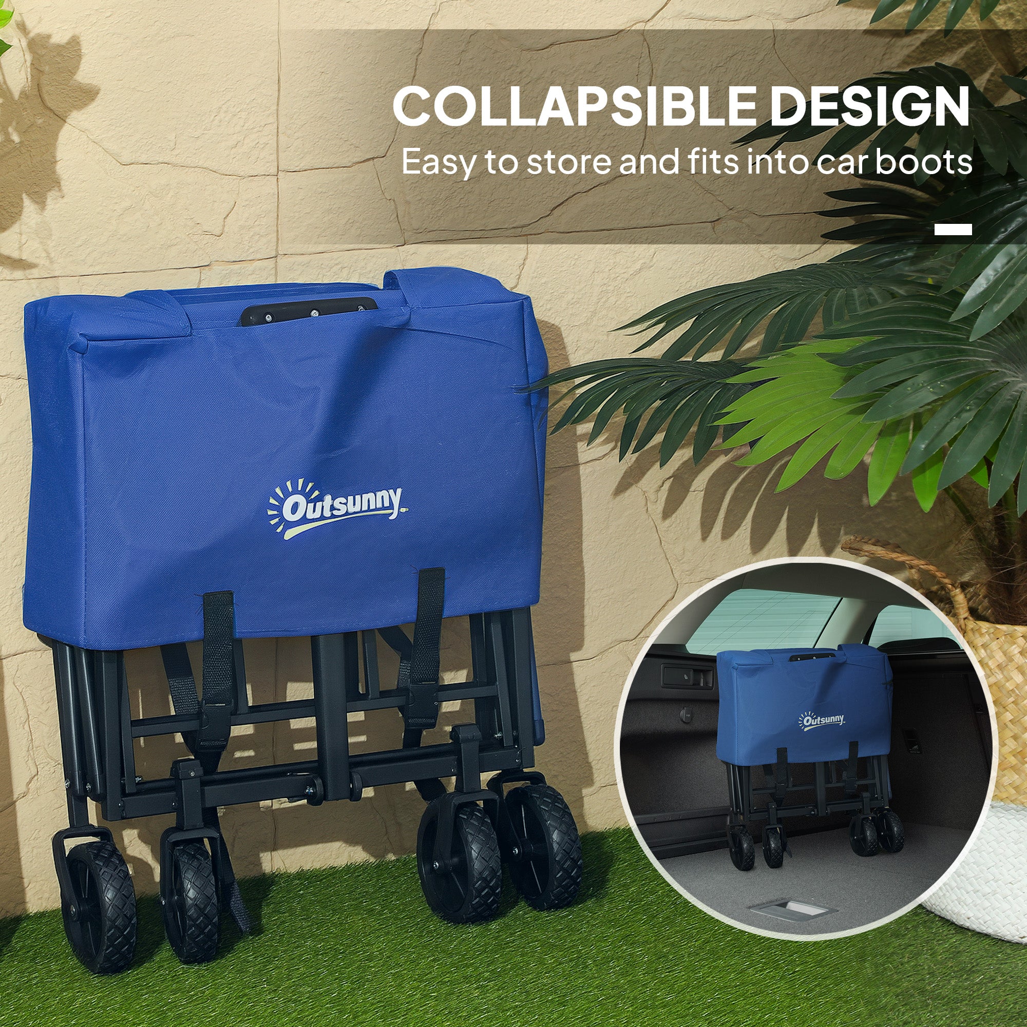 Outsunny 62L Festival Trolley on Wheels, Garden Folding Trolley Cart, 120kg Heavy Duty Collapsible Folding Wagon with Adjustable Handle and Carrying Bag for Beach, Camping, Festival, Blue