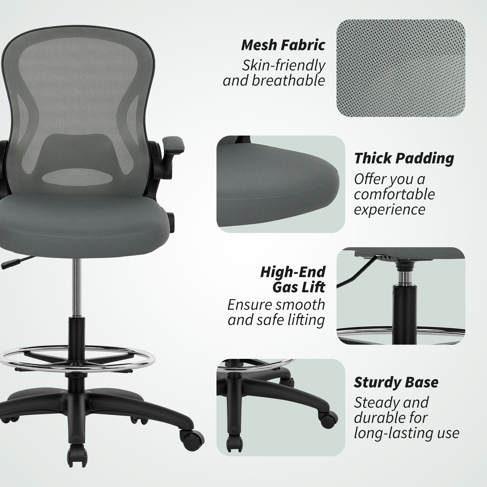 Vinsetto Drafting Chair, Ergonomic Tall Office Chair with Flip-up Armrests, Mesh Back, Lumbar Support, Adjustable Height and Foot Ring, Swivel Wheels, for Standing Desk, Charcoal Grey