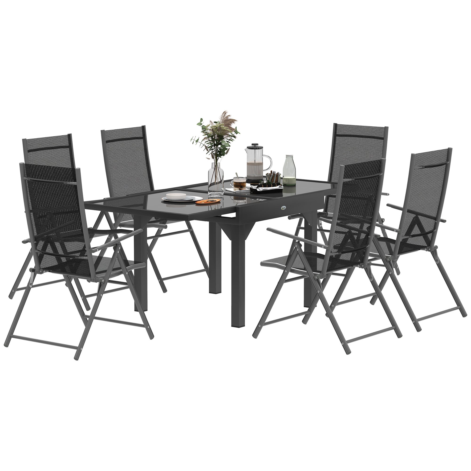 Outsunny 7 Piece Outdoor Dining Set with Extendable Table and 6 Folding Chairs for Patio, Balcony, Deck, Grey