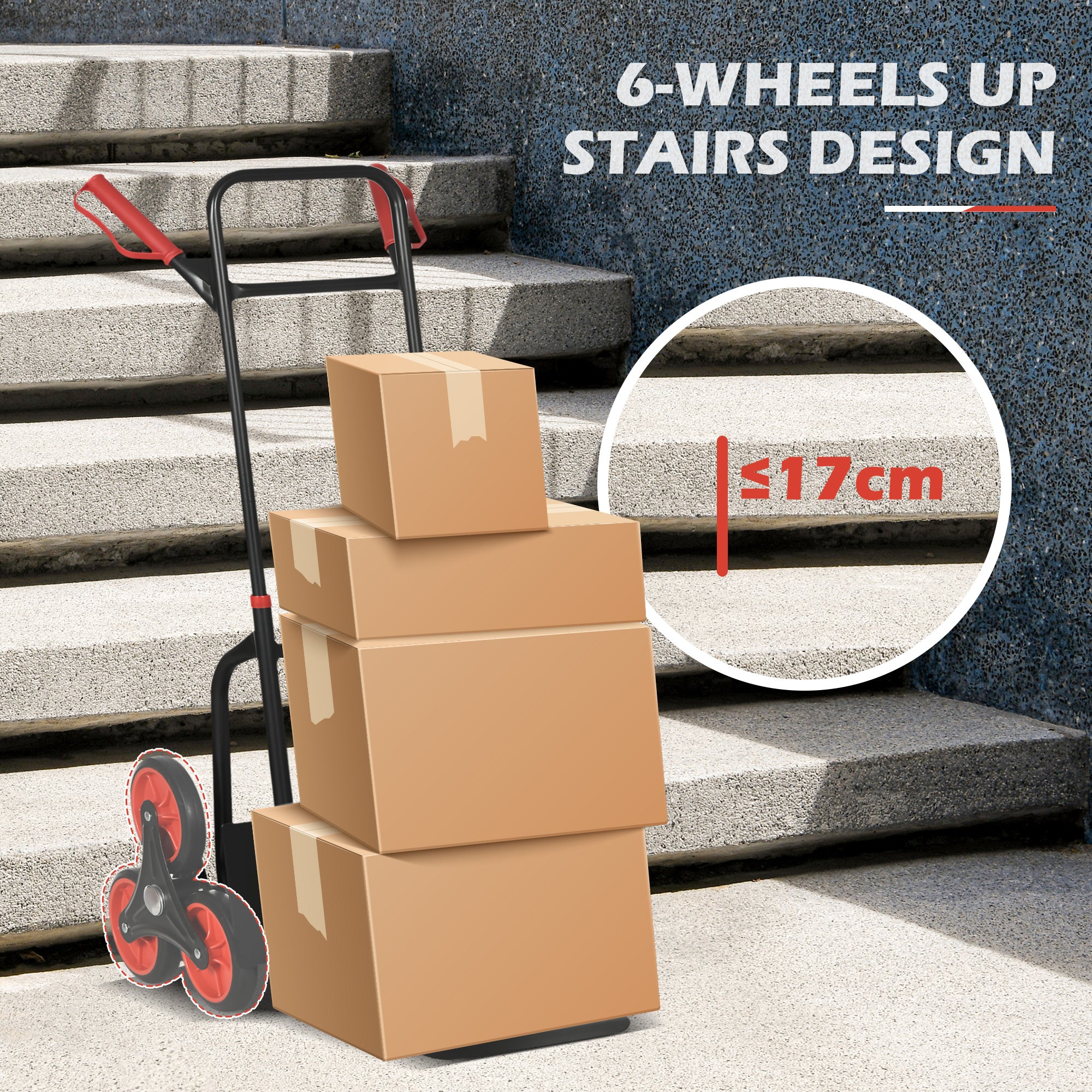 DURHAND Steel Climbing Stairs Trolley Hand Trucks 6-Wheels Foldable Load Cart 120kg, Red