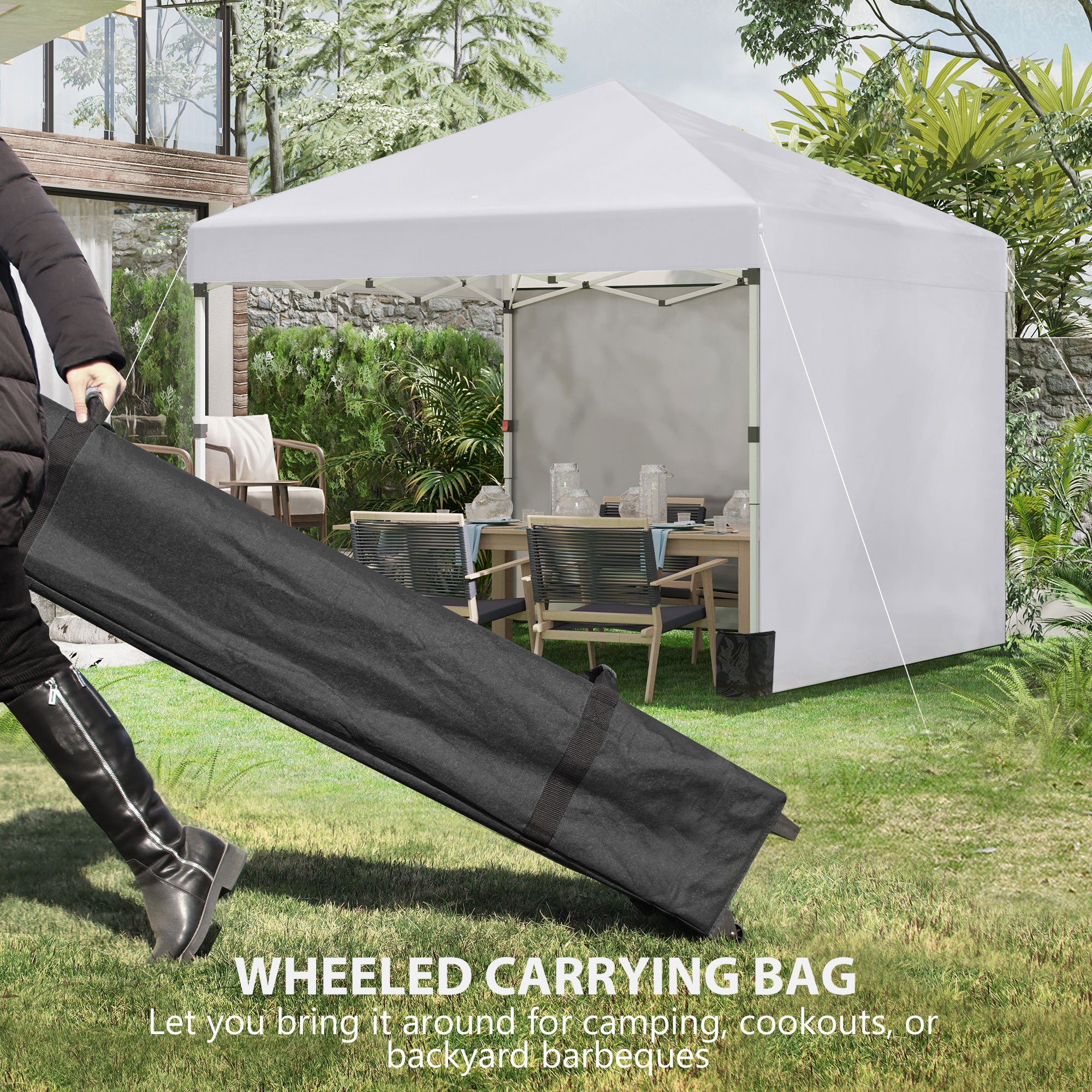 Outsunny 3 x 3 (M) Pop Up Gazebo, UPF 30+ with 2 Sidewalls, Leg Weight Bags and Wheeled Bag, Height Adjustable Party Tent Event Shelter for Garden, Patio, White