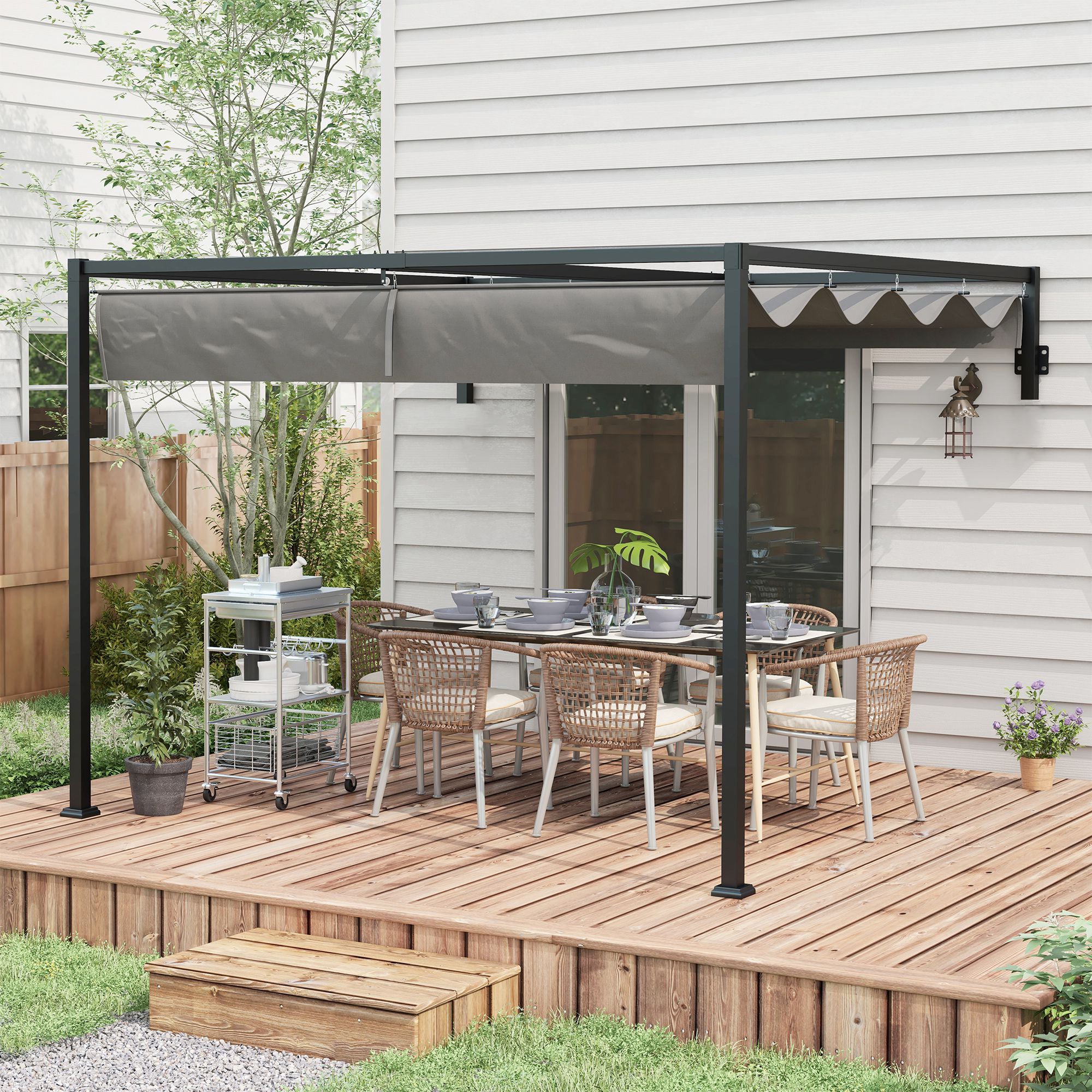 Outsunny 2 x 3(m) Lean To Steel Pergola, with Moving Fabric Canopy - Dark Grey