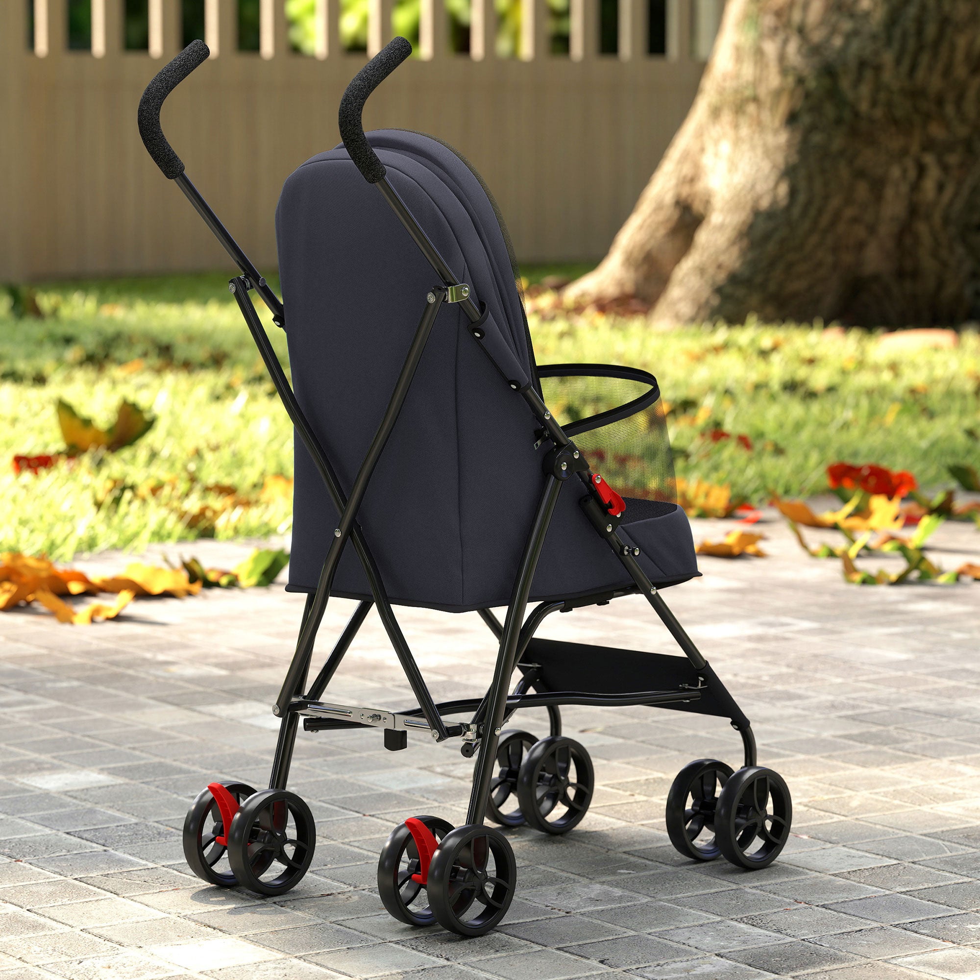 PawHut Dog Stroller, Foldable Cat Dog Pram for Miniature Breeds, Pet Stroller with Brake, Mesh Windows, Dark Grey