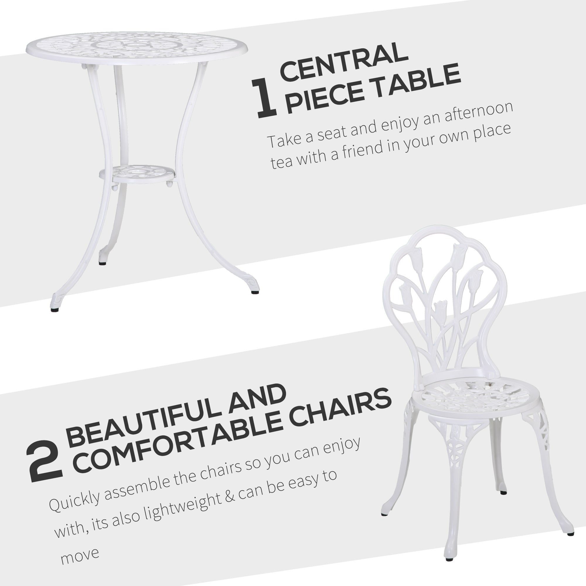 Outsunny 3 Piece Patio Bistro Set for 2, Outdoor Aluminium Garden Table and Chairs with Umbrella Hole for Balcony, White