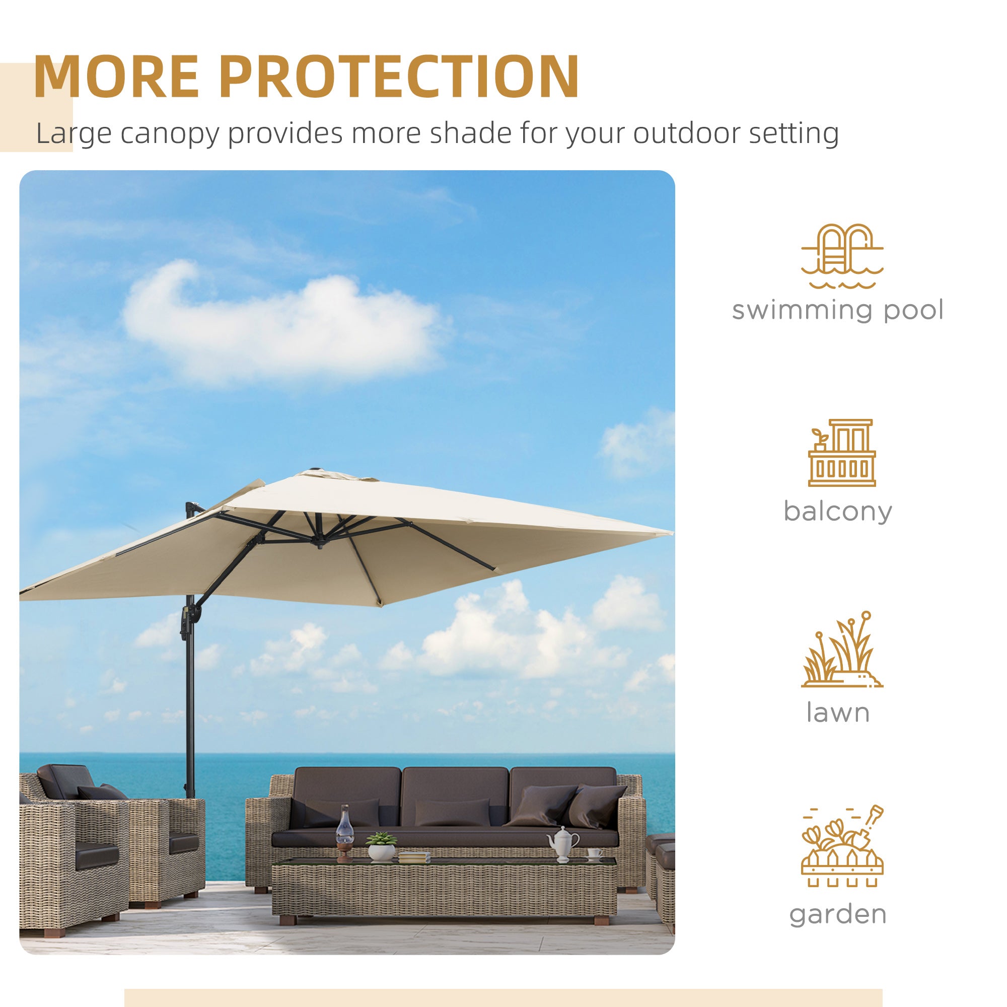 Outsunny 2.7 x 2.7 m Cantilever Parasol, Square Overhanging Umbrella with Cross Base, Crank Handle, Tilt, 360\'c2\'b0 Rotation and Aluminium Frame, Cream White