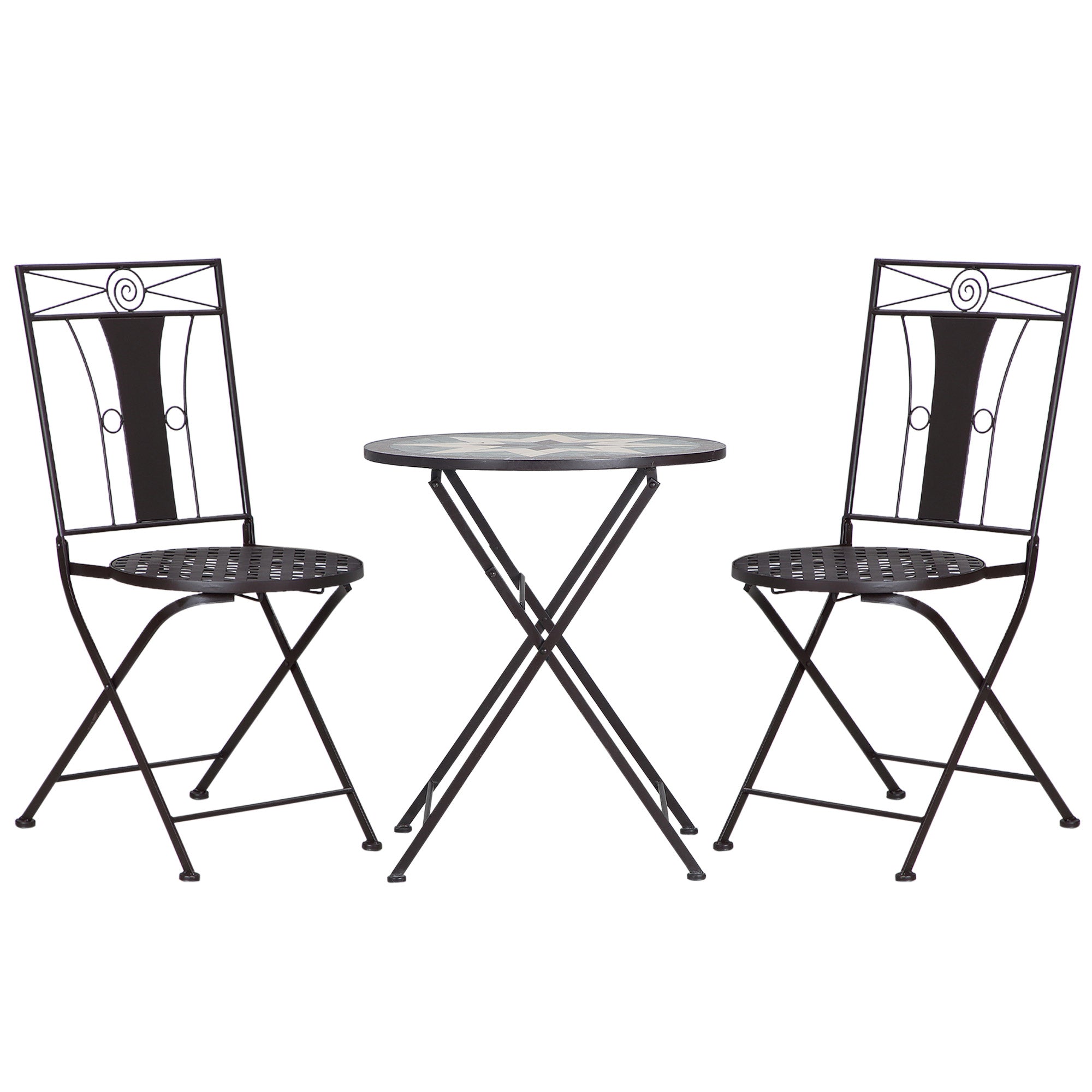 Outsunny 3-Piece Patio Bistro Set, Mosaic Table and 2 Armless Chairs with Foldable Design, Metal Frame for Garden, Poolside, Coffee