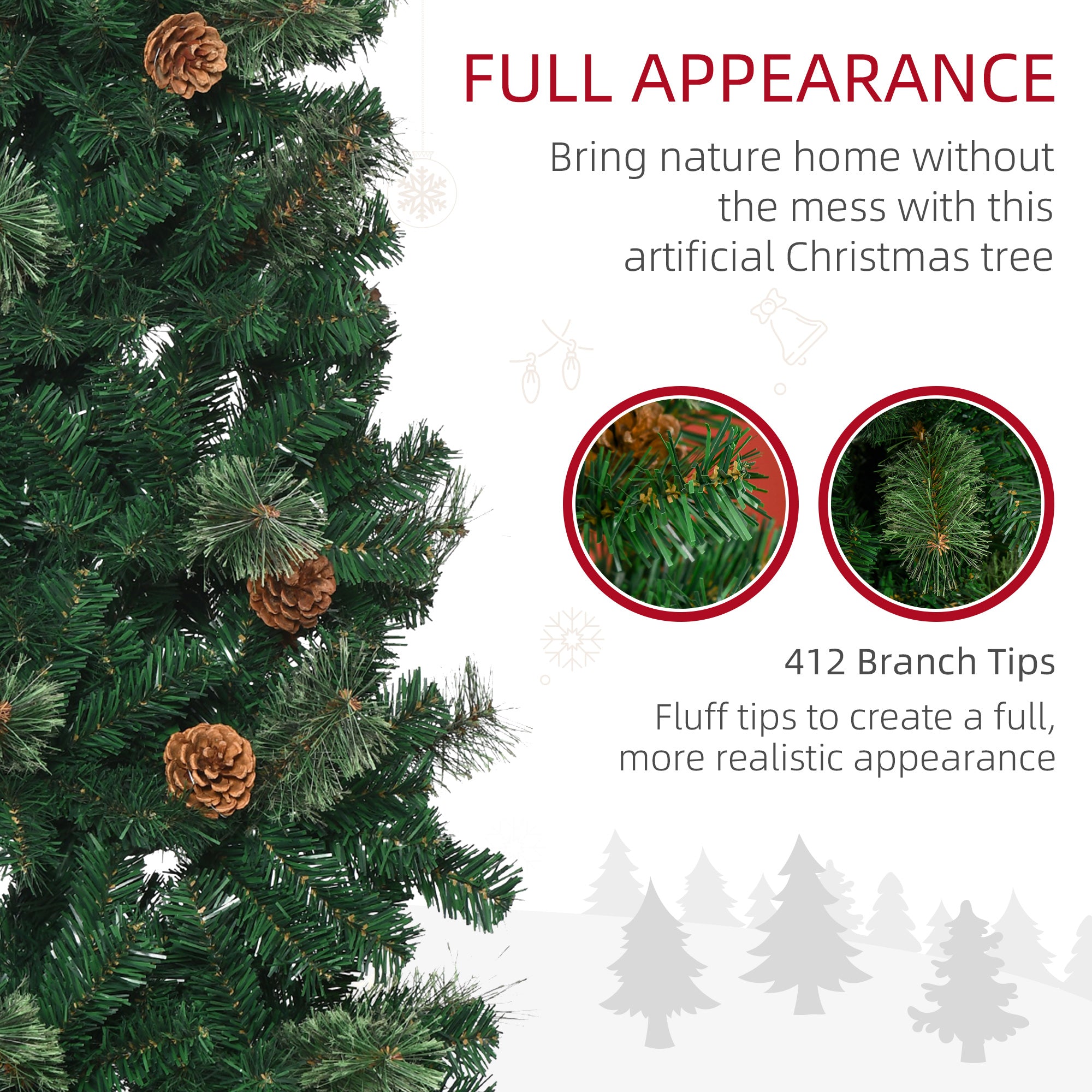 HOMCOM 5.5FT Tall\'c2\'a0Pencil Slim Artificial Christmas Tree with\'c2\'a0Realistic\'c2\'a0Branches, Tip Count and Pine Cones, Pine Needles Tree, Xmas\'c2\'a0Decoration, Green