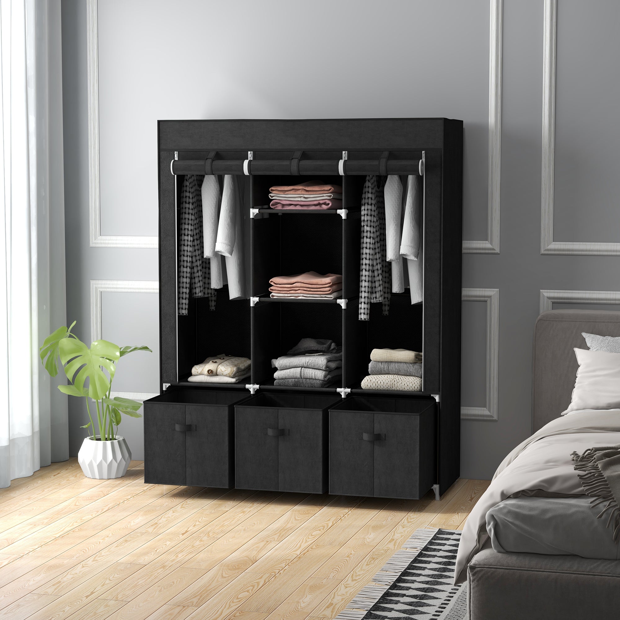 HOMCOM Foldable Fabric Wardrobe for Bedroom, Portable Wardrobe with 5 Shelves, 2 Hanging Rails and 3 Fabric Drawers, Black