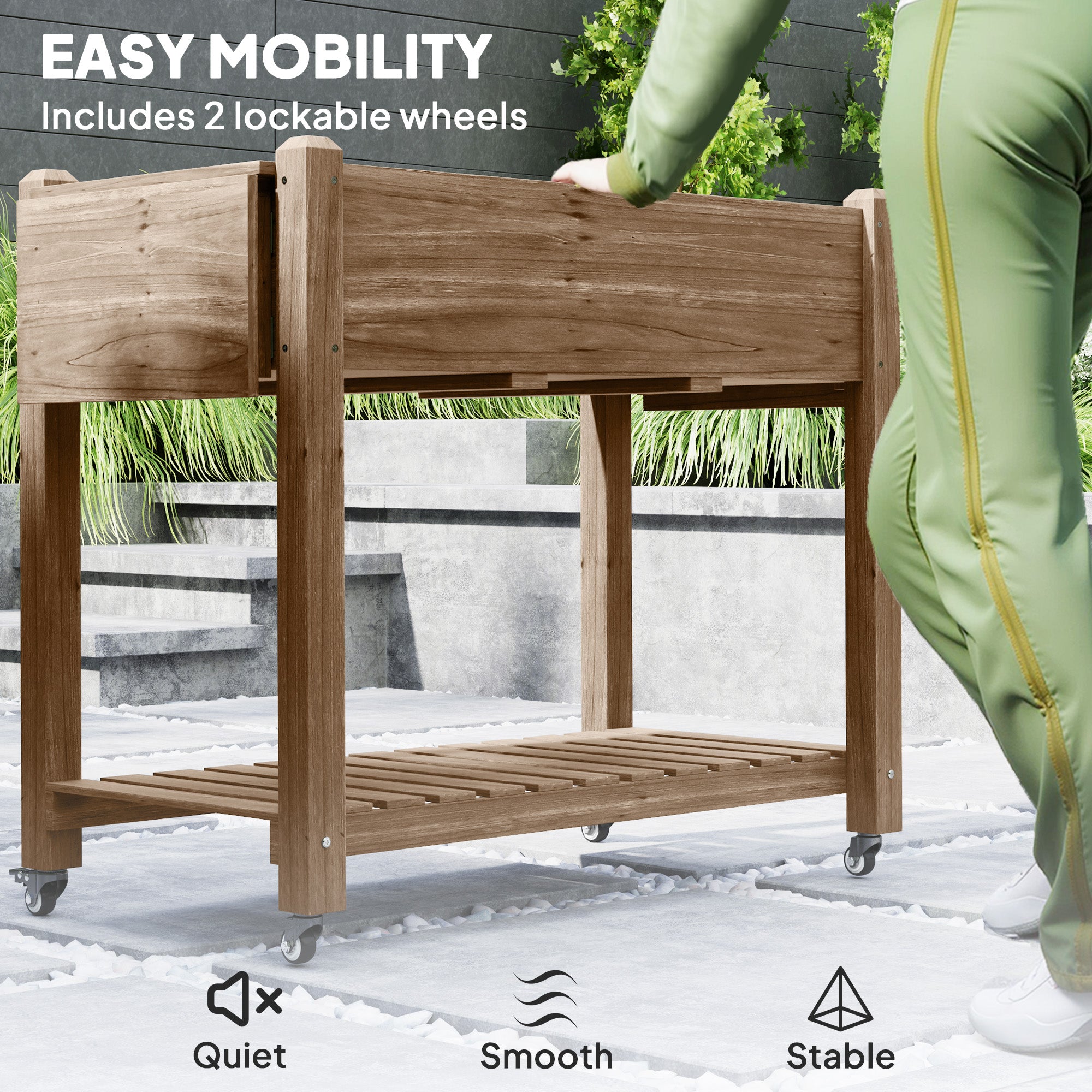 Outsunny Raised Garden Bed, Wooden Elevated Planter Box with Lockable Wheels, Side Tables and Bottom Shelf, Outdoor Planter with Liner and Drainage Holes for Vegetables, Flowers, Fruits, Carbonised