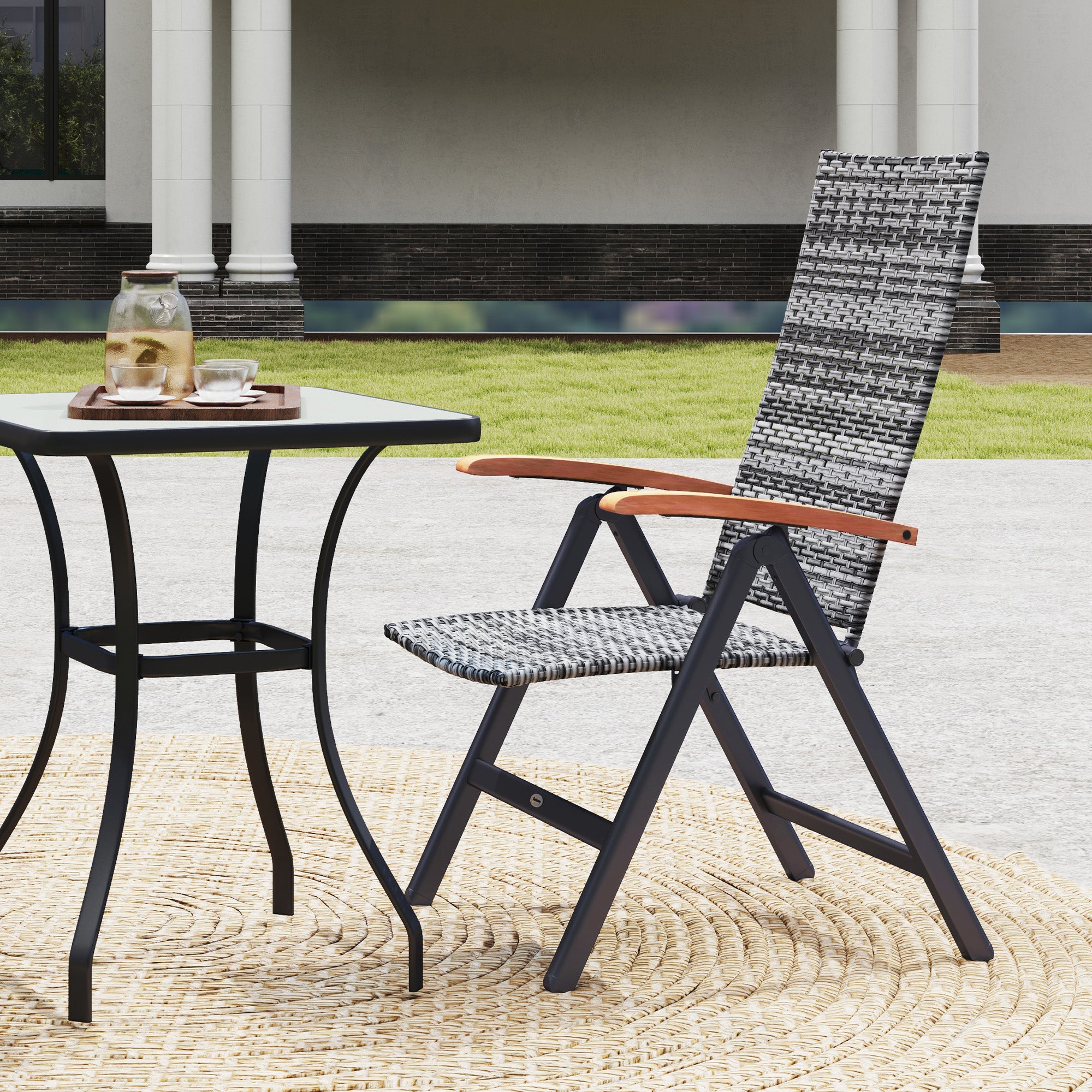Outsunny Outdoor Folding Rattan Chair with Armrests, High Backrest, for Garden, Camping, Balcony, Porch - Light Grey