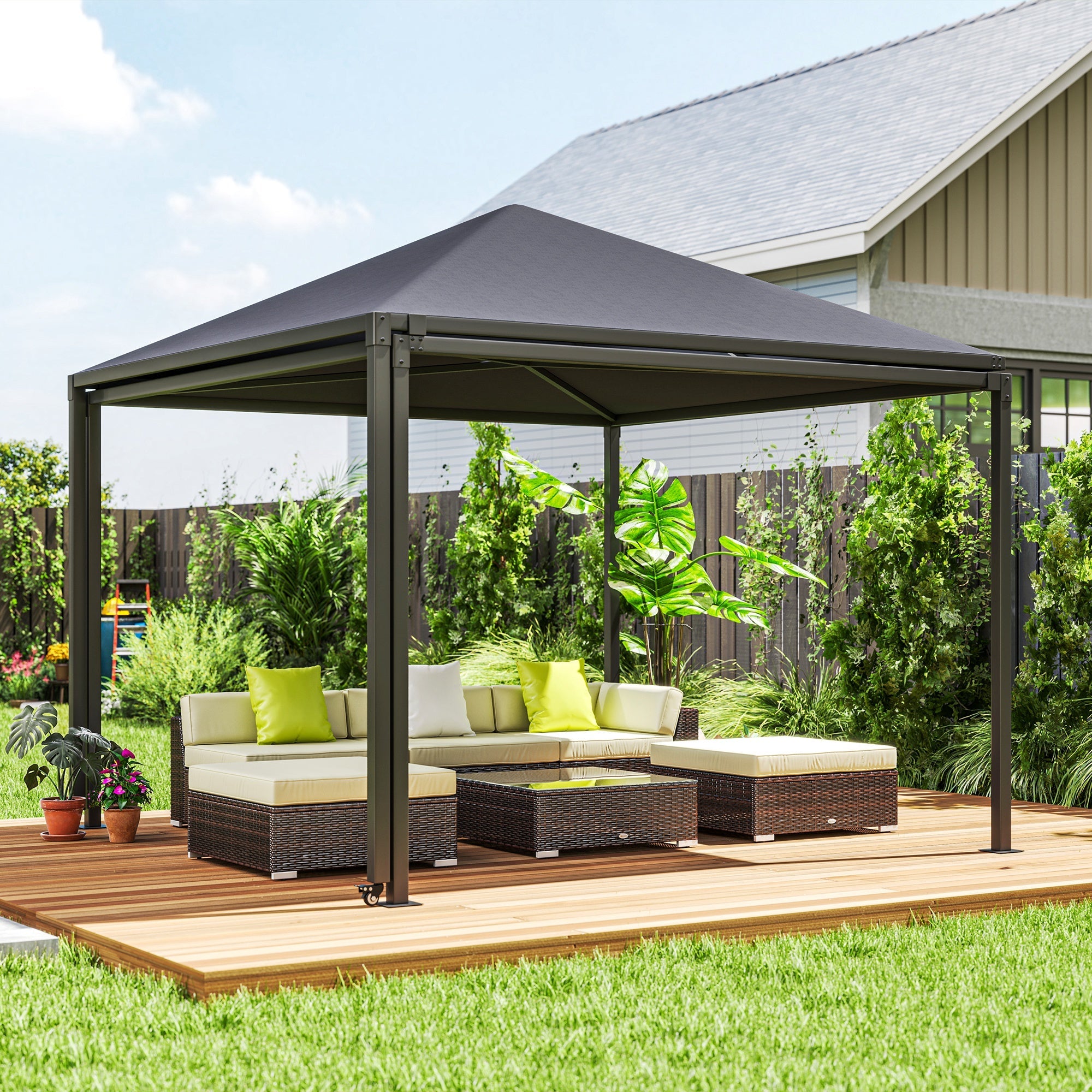 Outsunny 3 x 3 or 3 x 6m Garden Gazebo with Extendable Awning and Wheels, UPF30+ Outdoor Metal Gazebo Canopy Shelter for BBQ, Event, Party
