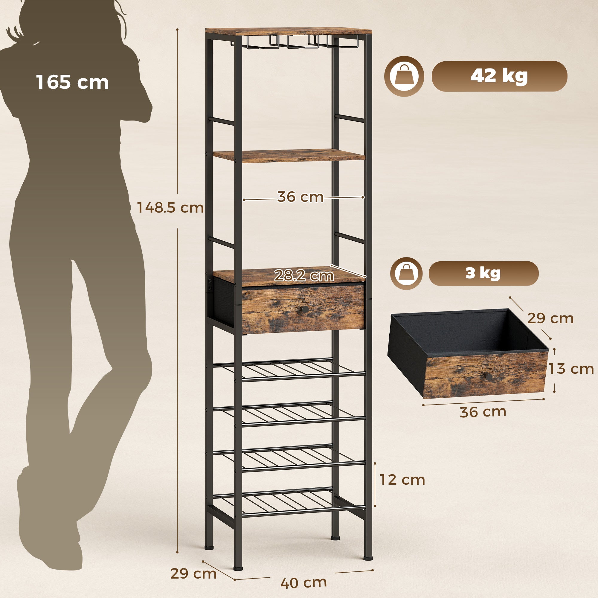HOMCOM Industrial Wine Bar Cabinet Freestanding Liquor Cabinet 16-Bottle Wine Rack Glass Holder Rustic Brown