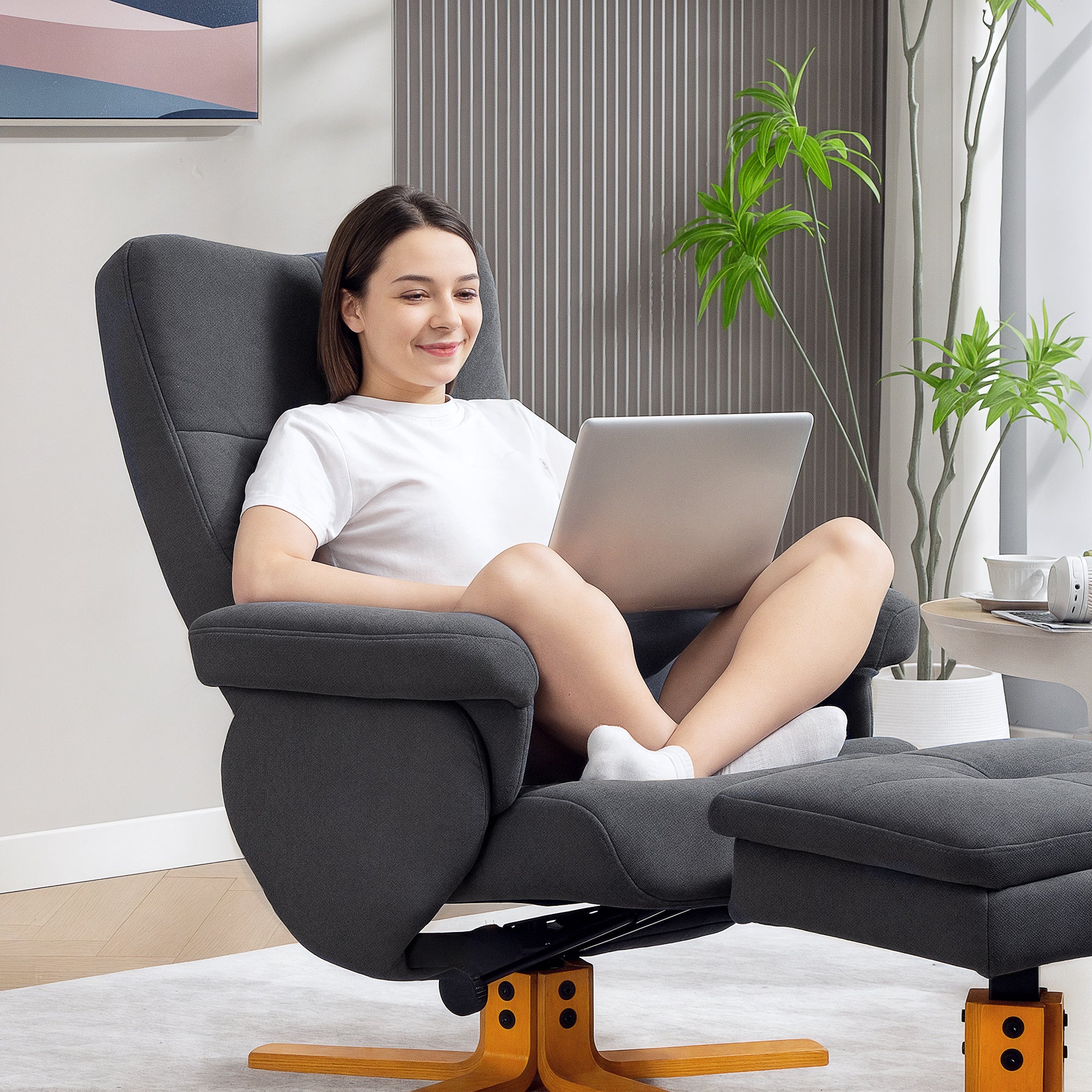 HOMCOM Linen-Look Recliner, with Storage Ottoman - Grey