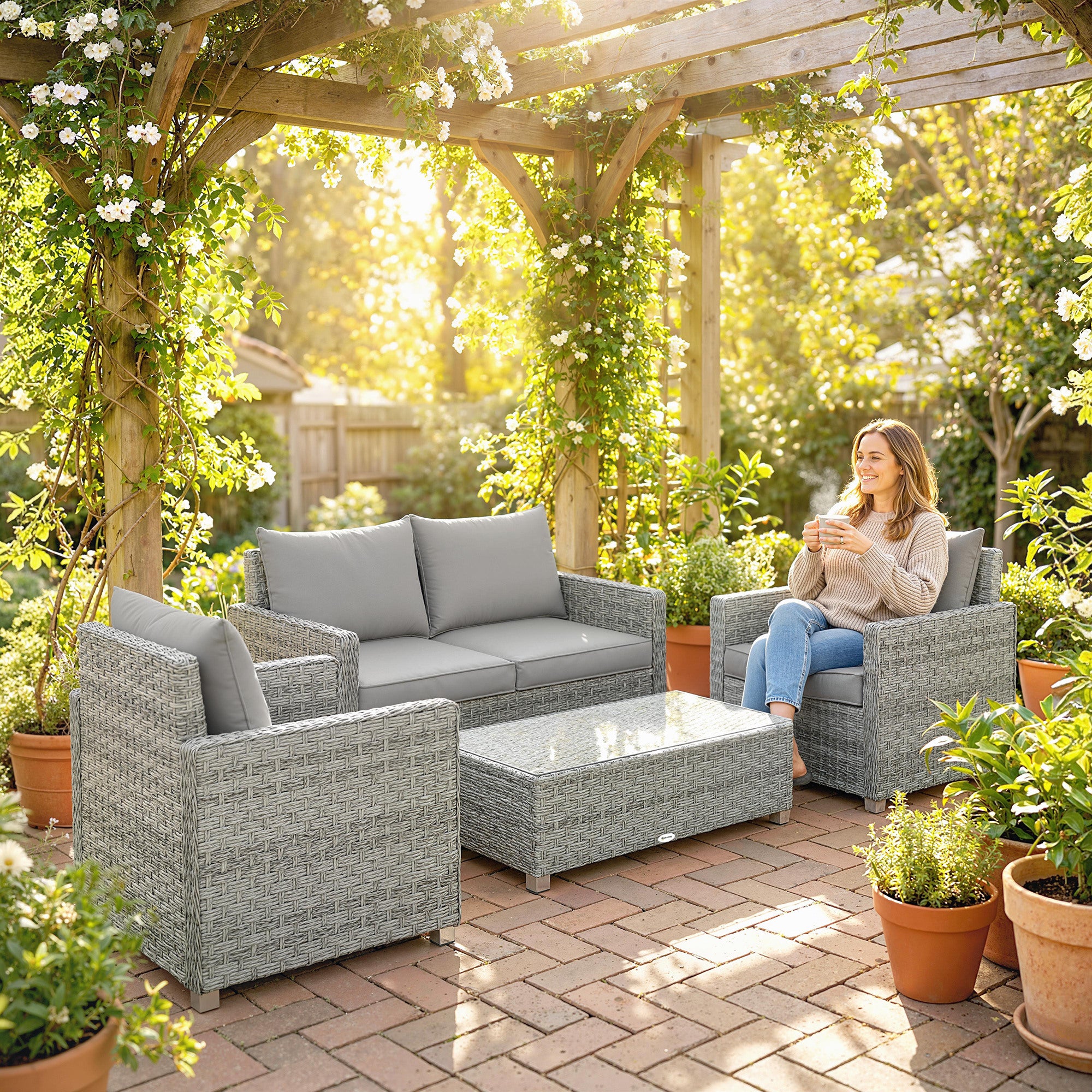Outsunny 4 Piece Rattan Garden Furniture Set with Loveseat, 2 Armchairs, Glass-Top Table, Wicker Patio Conversation Set, Grey