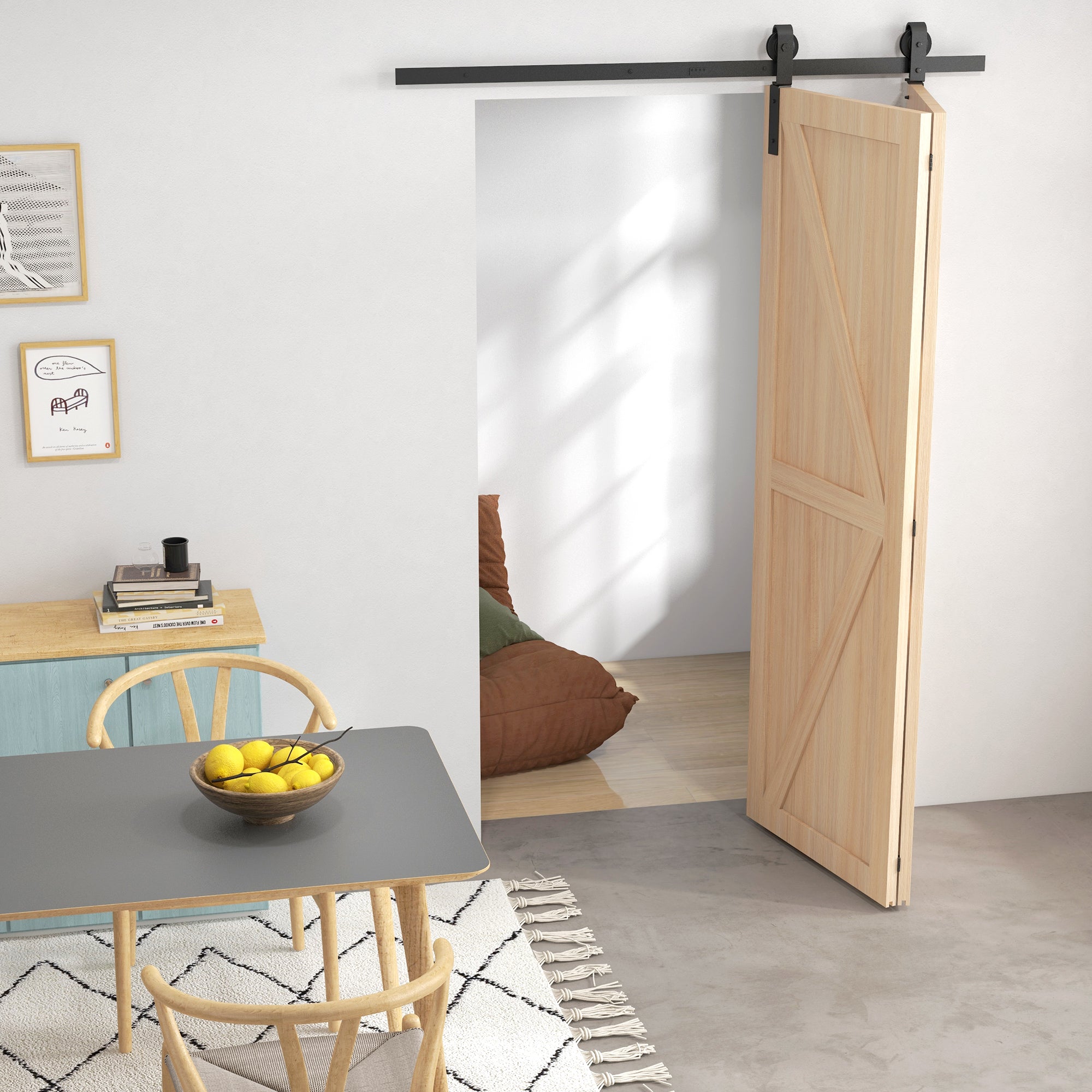 HOMCOM 5ft Bi-Folding Sliding Barn Door Hardware Kit - Black