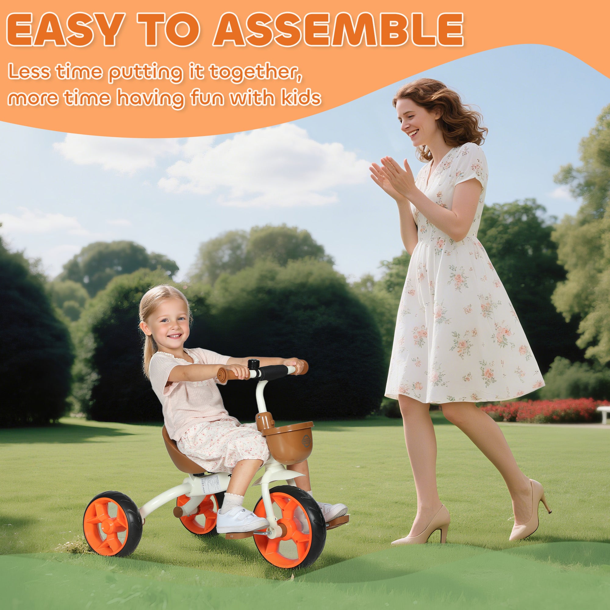 AIYAPLAY Kids Trike, Toddler Tricycle with Front Basket and EVA Wheels for Ages 2-5 Years, Indoor Outdoor for Boys Girls, Orange