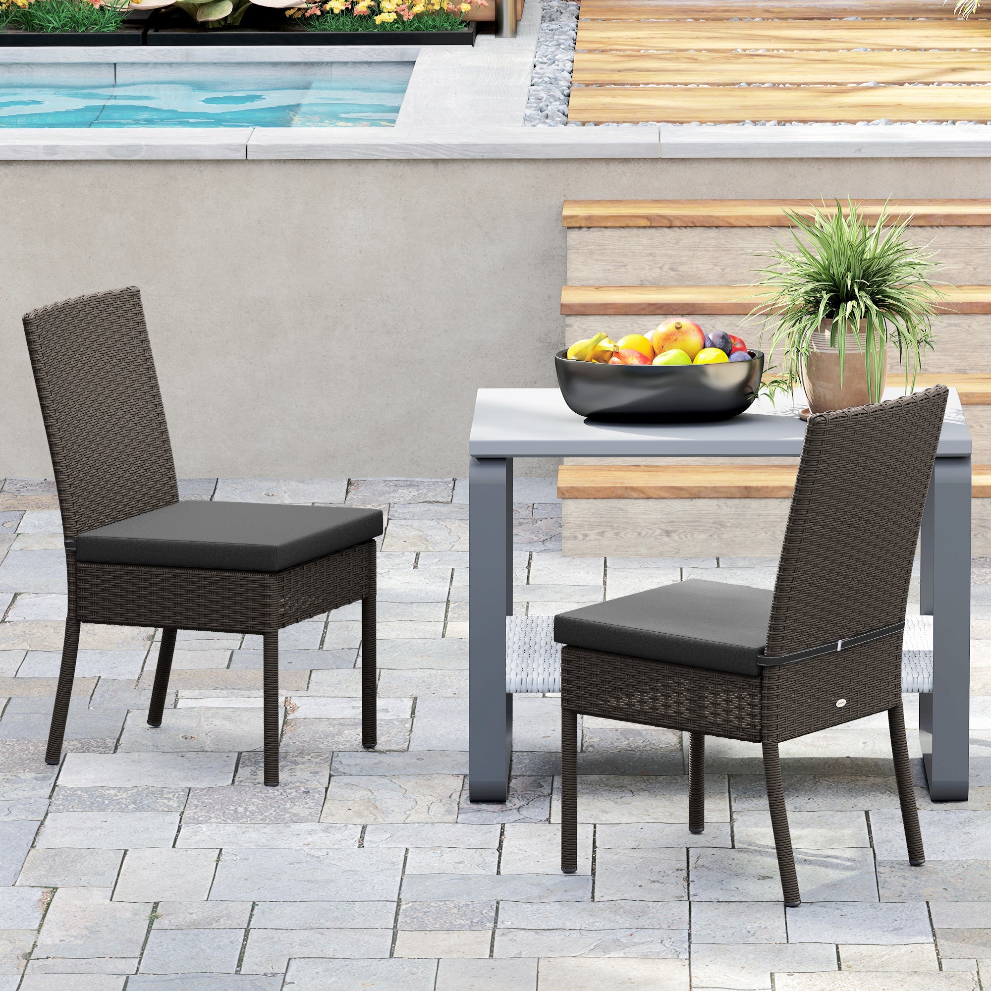 Outsunny Set of Two Armless Rattan Garden Chairs - Dark Grey
