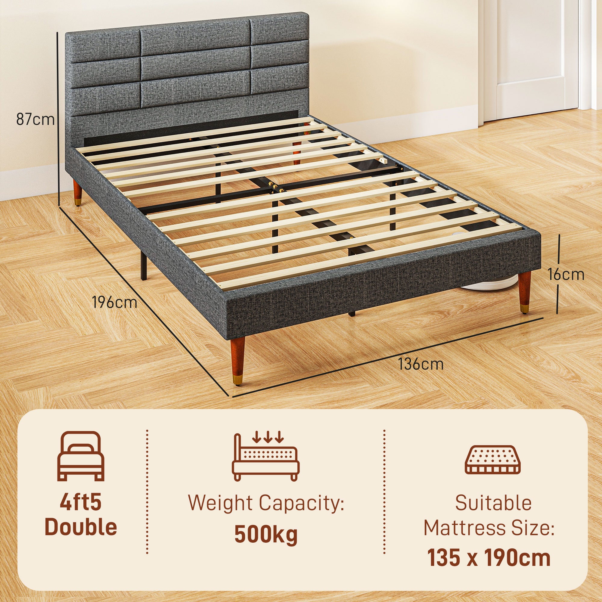 HOMCOM Upholstered Double Bed Frame, with Slats - Grey