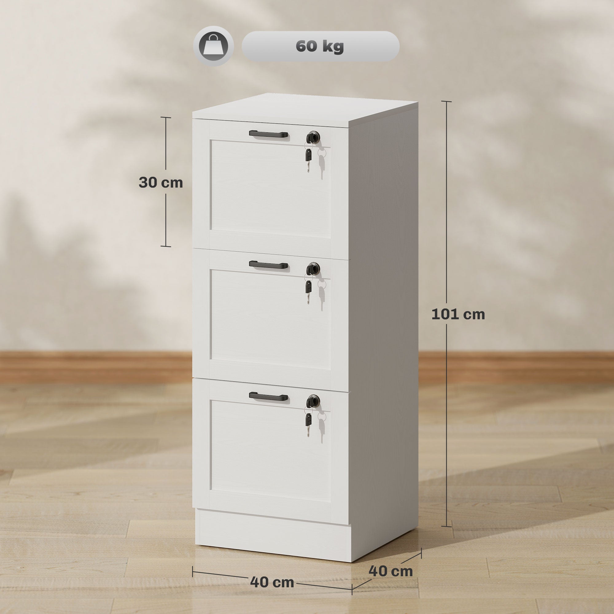 HOMCOM 3-Drawer Filing Cabinet with Lock - White