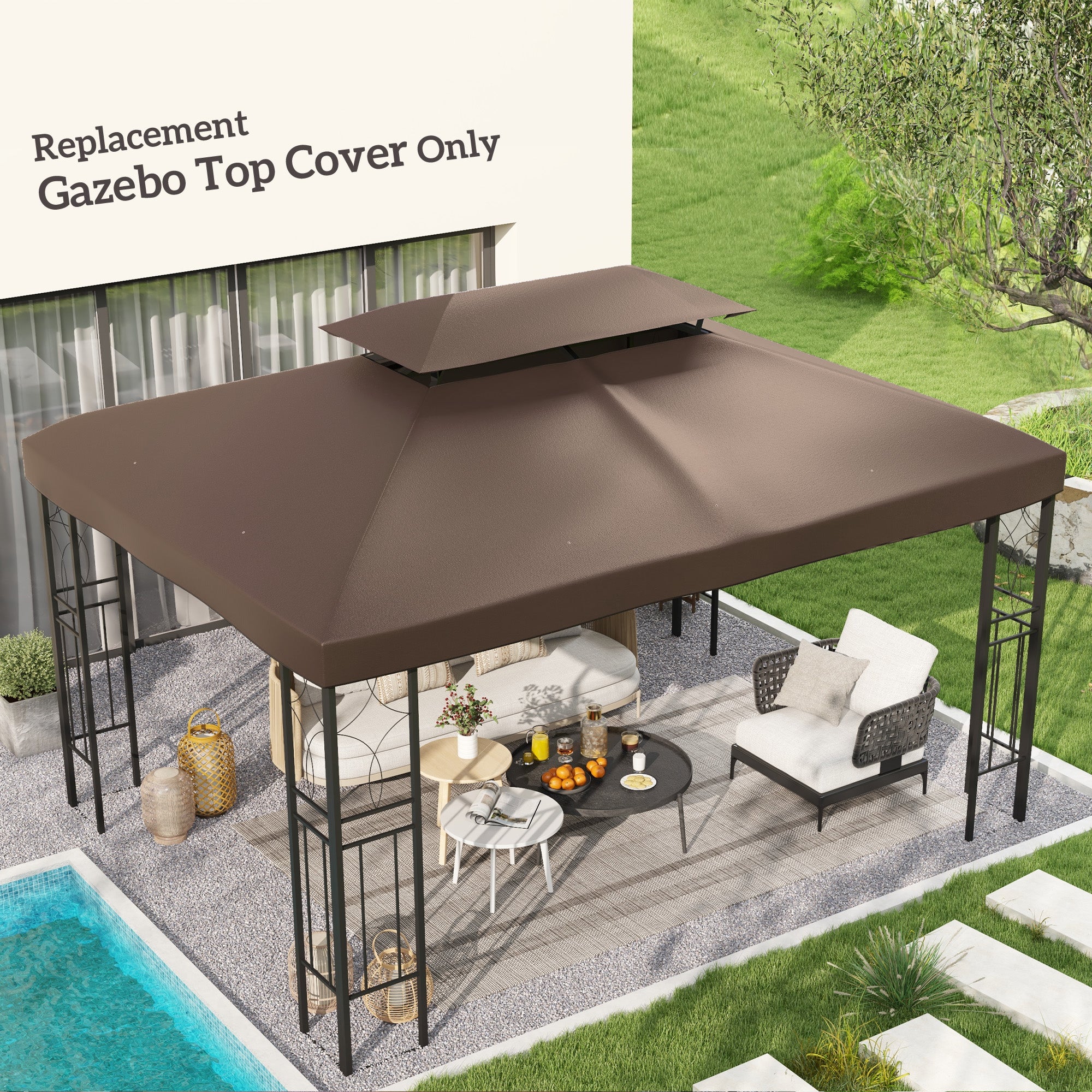 Outsunny 3x4m Gazebo Canopy Replacement Cover, 2 Tier Top Roof UV Cover Garden Patio Outdoor Sun Awning Shelters, Brown (TOP COVER ONLY)
