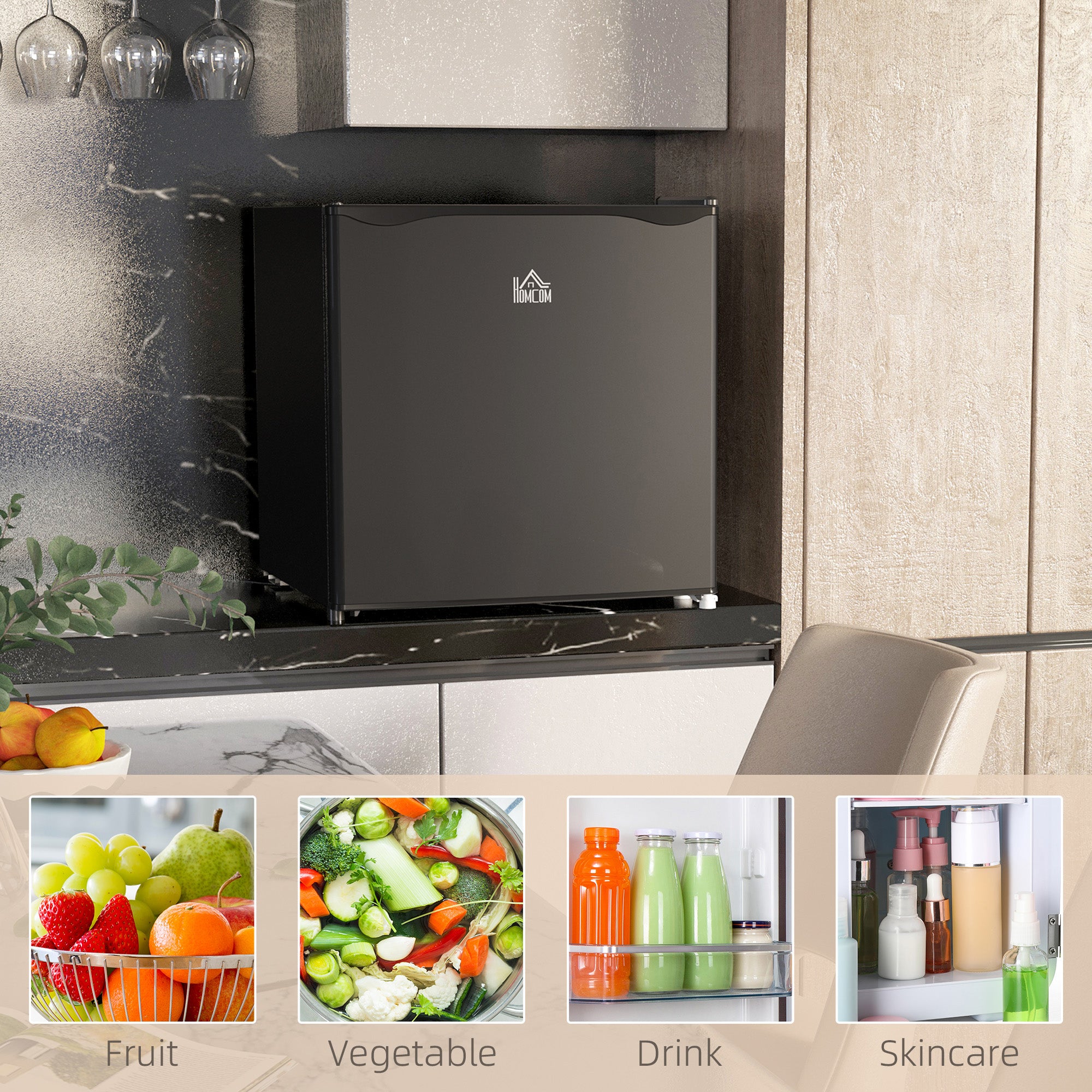 HOMCOM 46 Litre Table Top Mini Fridge, Small Fridge with Ice Box, Reversible Door, Adjustable Temperature and Legs for Bedrooms, Home Office, Black
