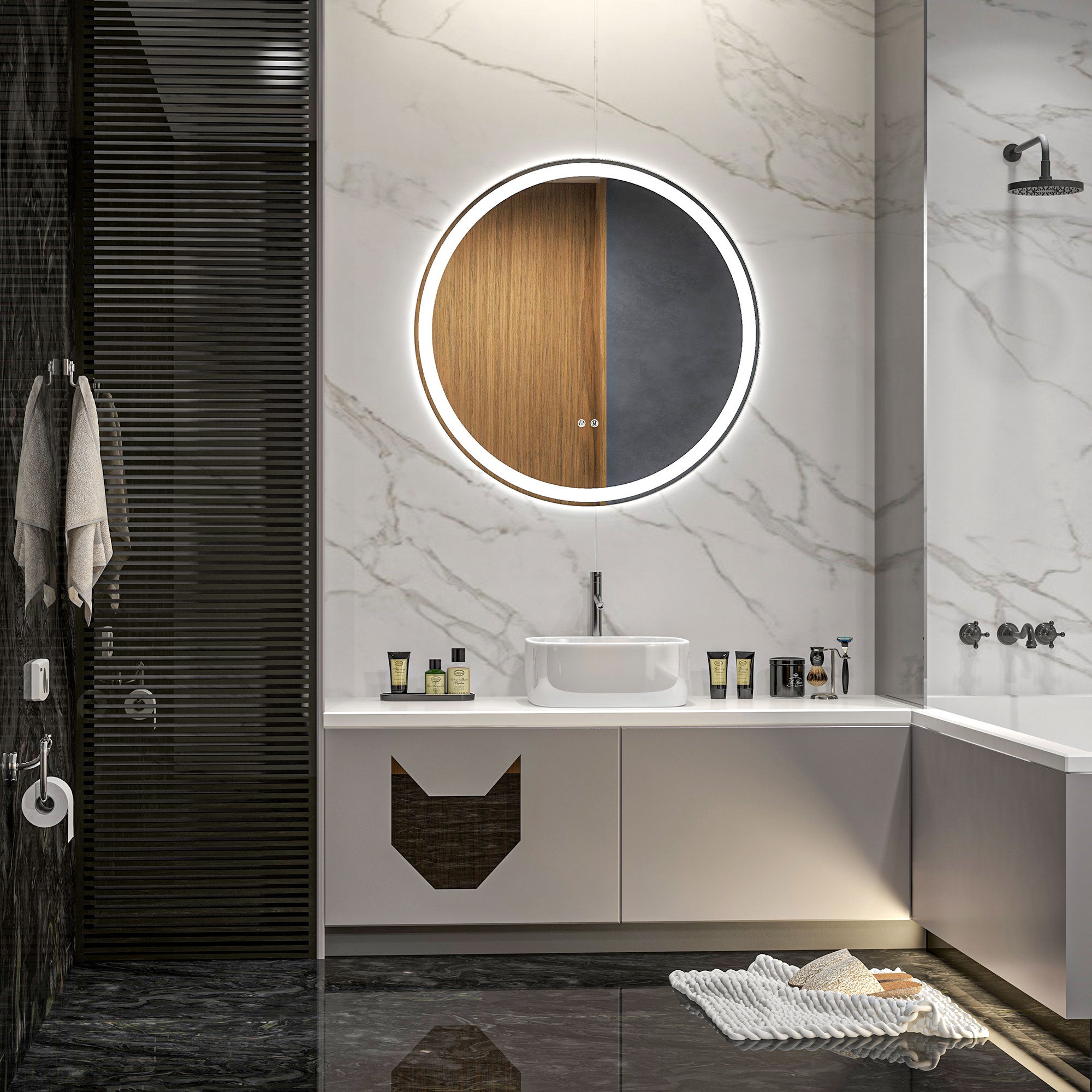 kleankin Round Bathroom Mirror with LED Lights, Wall Mount Dimmable Makeup Mirror with 3 Temperature Colours, Defogging Film and Memory Function, Frameless, Hardwired, 70 x 70\'c2\'a0cm