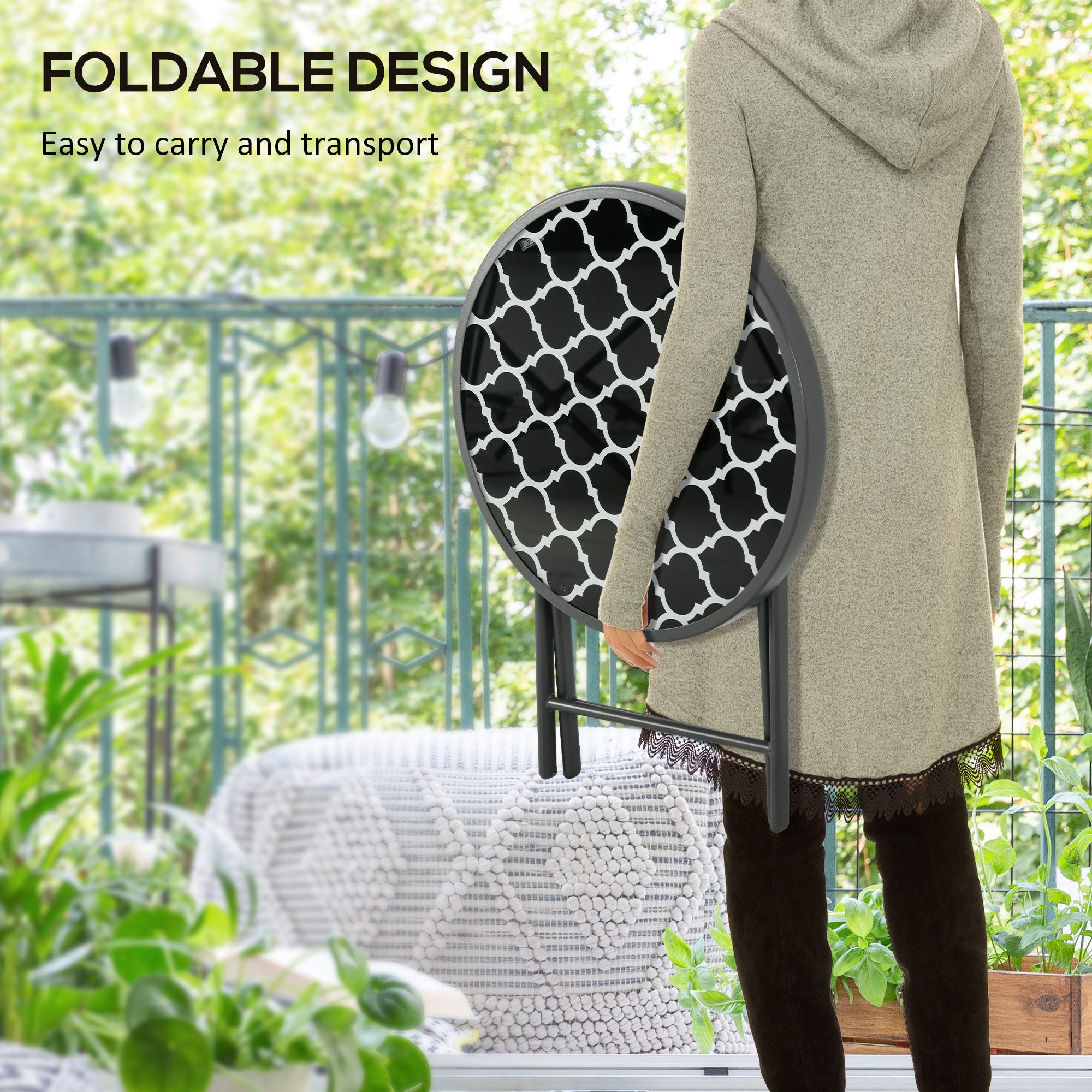 Outsunny \'ce\'a645cm Garden Side Table, Outdoor Round Folding Patio Table with Imitation Marble Glass Top, Small Coffee Table, Black and White