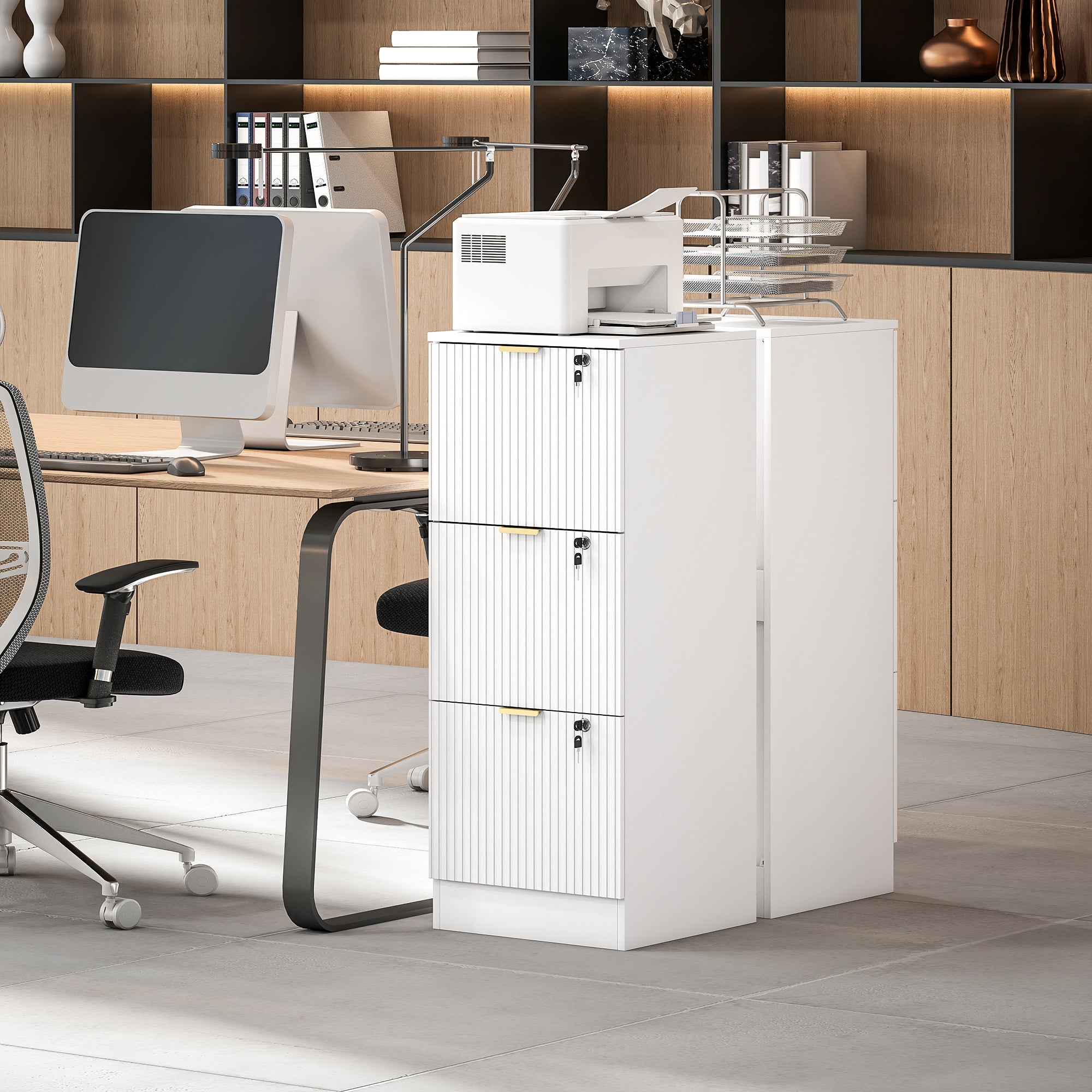 HOMCOM Filing Cabinet, Fluted Vertical File Cabinet with 3 Lockable Drawers and Hanging Rails, White