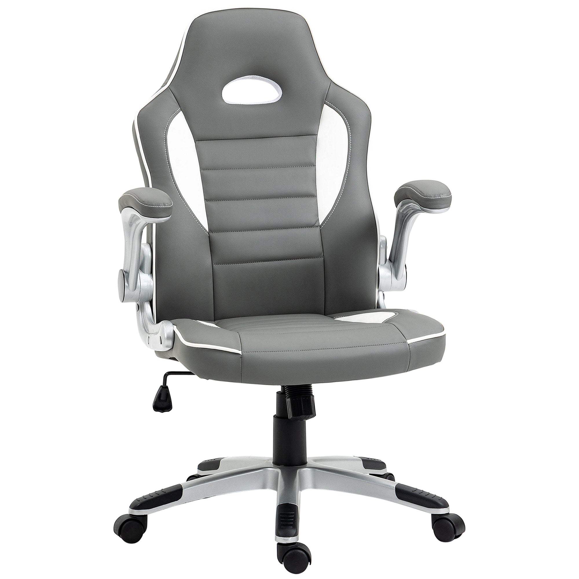 Vinsetto Computer Gaming Chair, Office Desk Swivel Chair, PU Leather Racing Chair with 90\'c2\'b0 Flip-up Armrest, Adjustable Height and Rolling Wheels, Grey