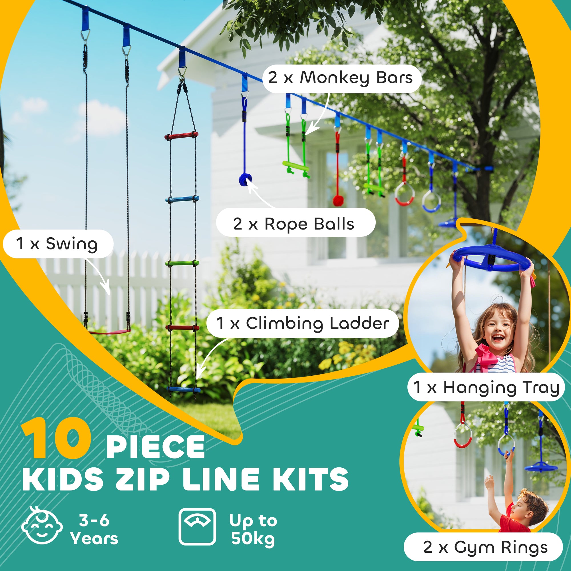 AIYAPLAY 10 Piece Zip Line Kit for Kids with 10m Slackline, Monkey Bars, Swing, Climbing Ladder, Hanging Tray, Metal Rings