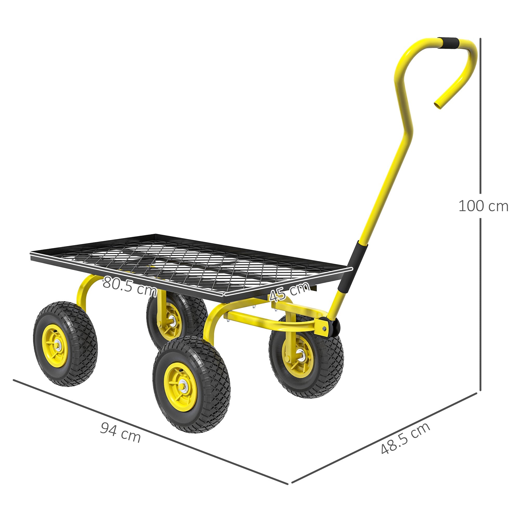 Outsunny Garden Trolley Cart, Heavy Duty Garden Cart with Metal Frame, 10" Pneumatic Wheels, Rotating Handle, 150kg Capacity, for Garden, Farm, Yellow