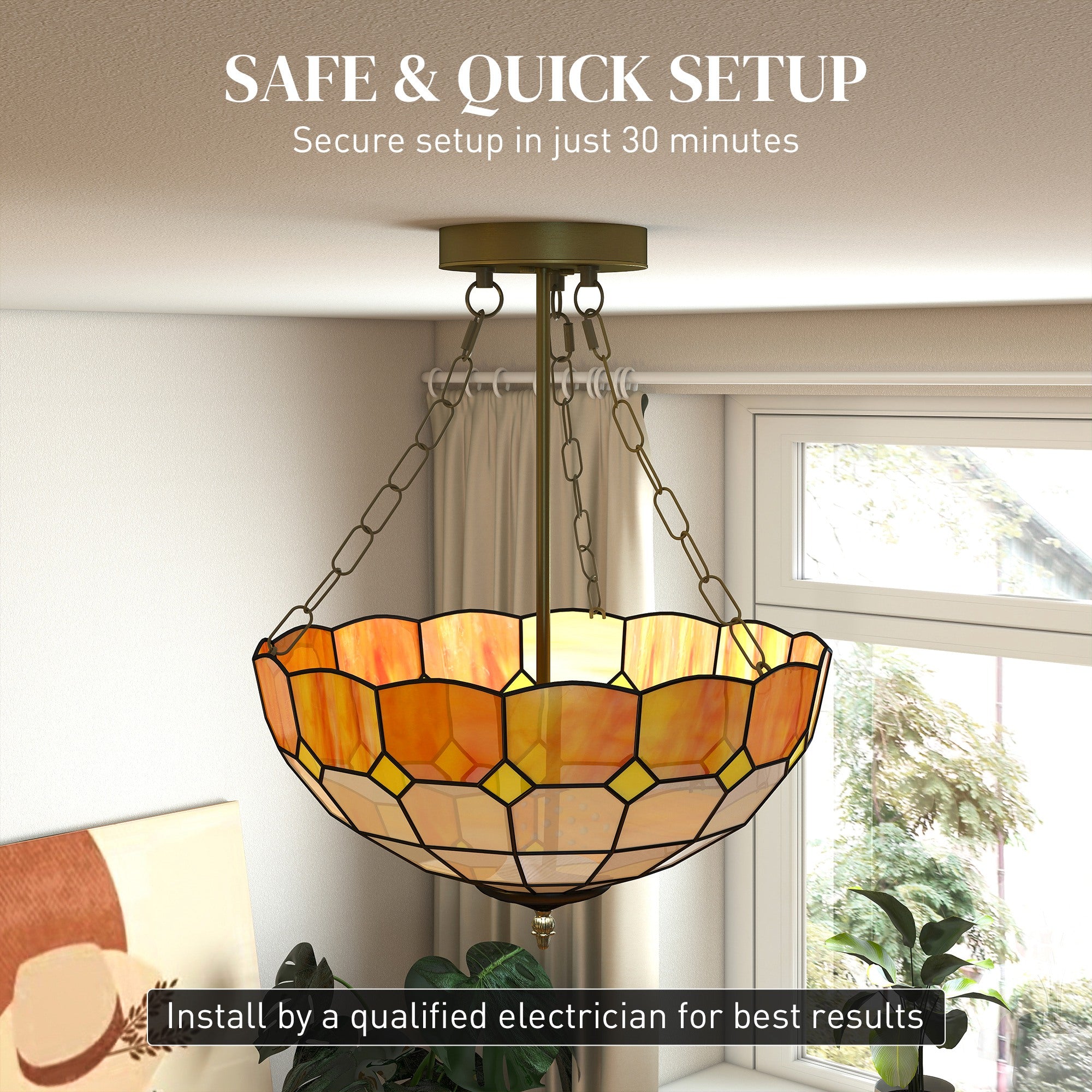 HOMCOM Tiffany Style Ceiling Light, Vintage Chandelier with 3 E27 Sockets, Semi Flush Mount for Living Room, Bulbs Not Included