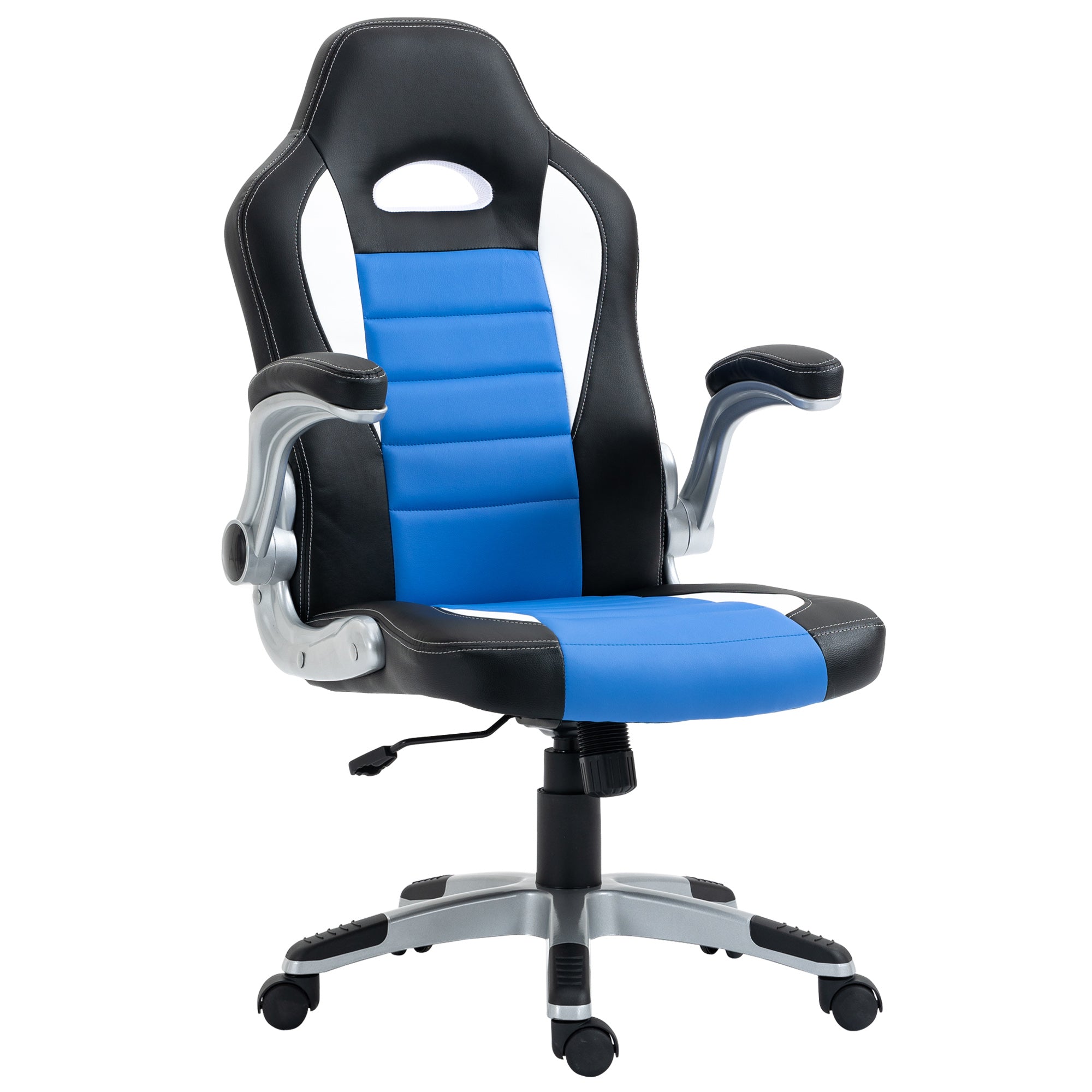 HOMCOM Computer Gaming Chair, Office Desk Swivel Chair, PU Leather Racing Chair with 90\'c2\'b0 Flip-up Armrest, Adjustable Height and Rolling Wheels, Blue