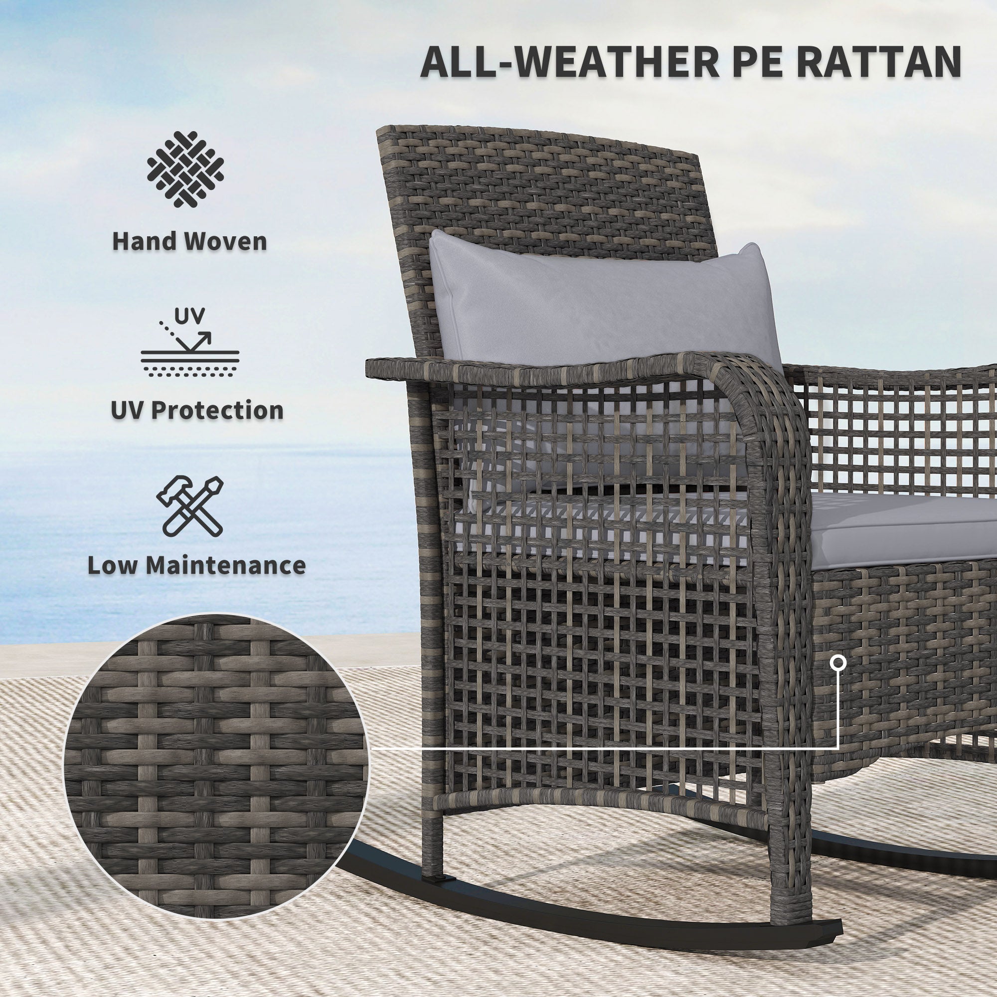 Outsunny Garden Rocking Chair, Outdoor Rattan Rocker Lounge Chair with Seat and Back Cushions, Patio Armchair Seat with All-weather Wicker, Steel Frame for Porch Balcony, Light Grey