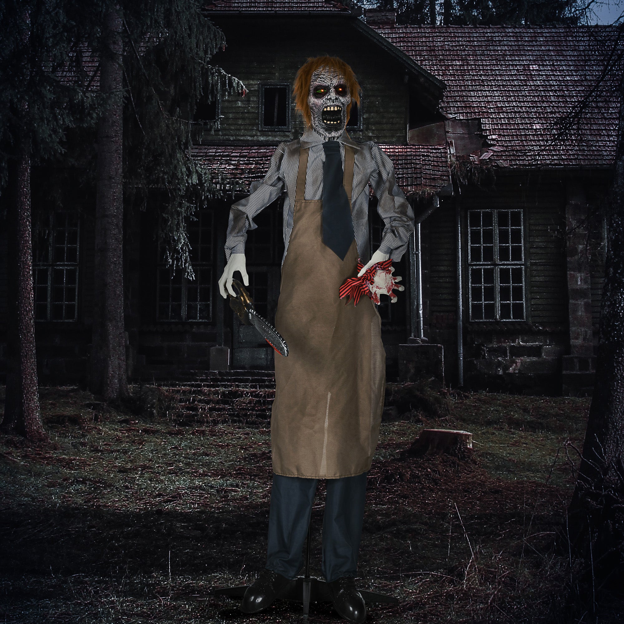 HOMCOM 5.5ft Life Size Halloween Animatronic Standing Chainsaw Killer, with Light Up Eyes, Sound Activated Moving Body, Scary Halloween Decorations, Battery Operated, Indoor Party Props