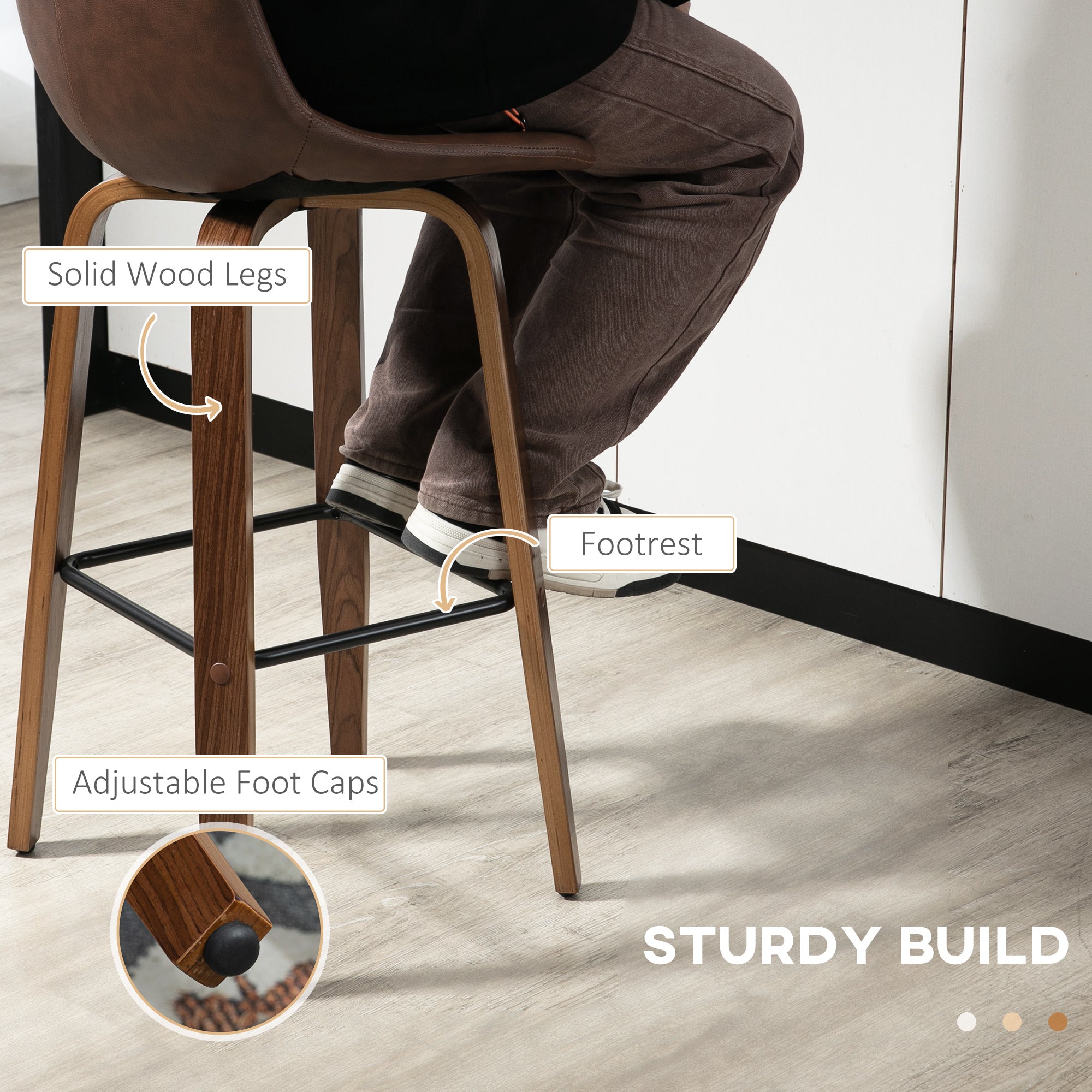 HOMCOM Bar Stools Set of 2, Breakfast Bar Chairs, PU Leather Upholstered Kitchen Stools with Backs and Wood Legs, Brown