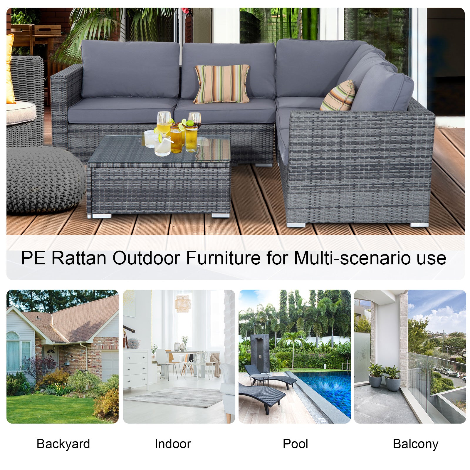 Outsunny 4 Pieces Rattan Garden Furniture Set, Wicker Outdoor Furniture Set with Corner Sofa Loveseat Coffee Table Cushions, Conservatory Furniture Set for Patio Balcony Poolside, Grey