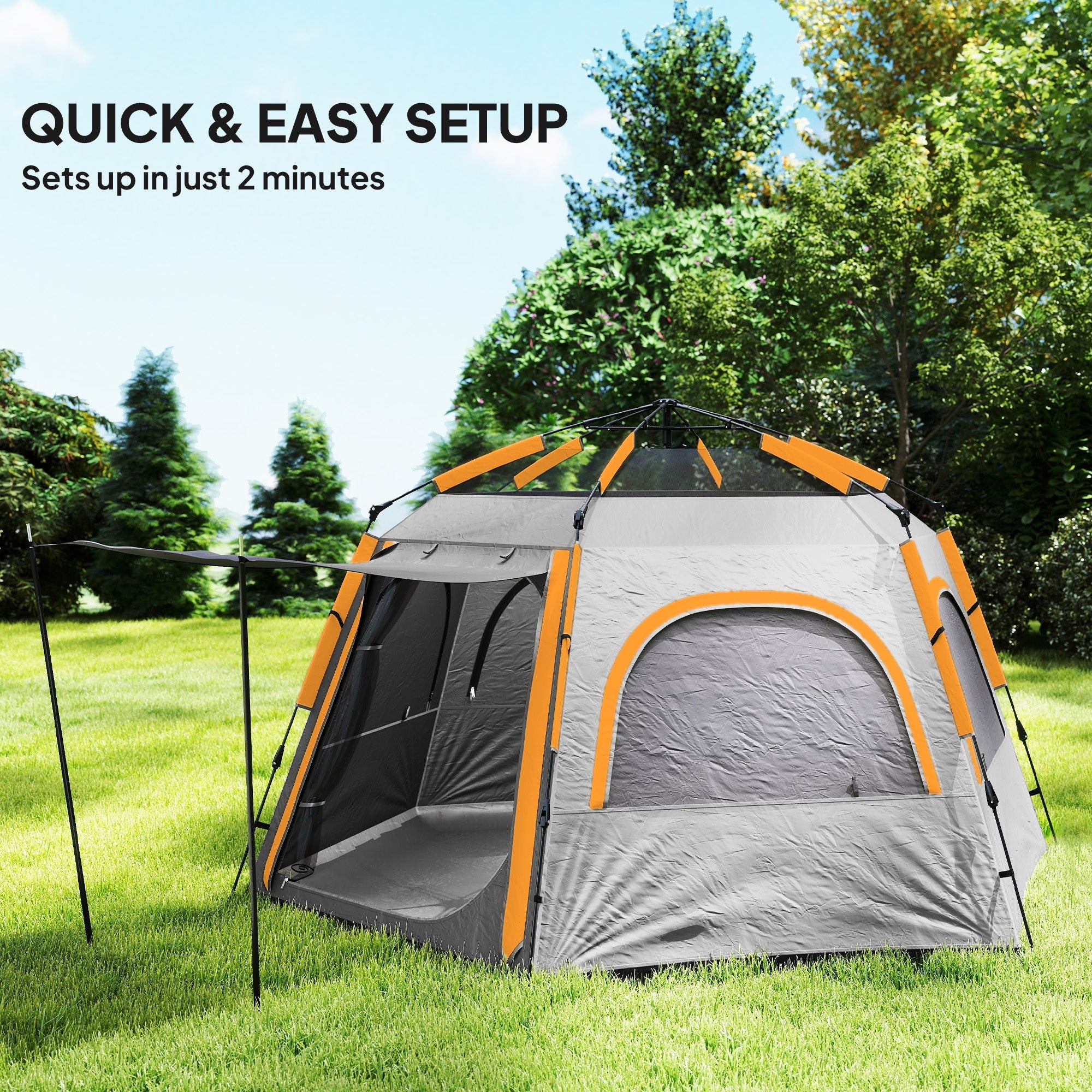 Outsunny Instant Camping Tent, 2/3/4 Person Easy Setup Family Tent with Vestibule, Rainfly, 4 Mesh Windows & 2 Doors, Hexagonal Design, Waterproof UV Protected Dome Tent, Light Grey