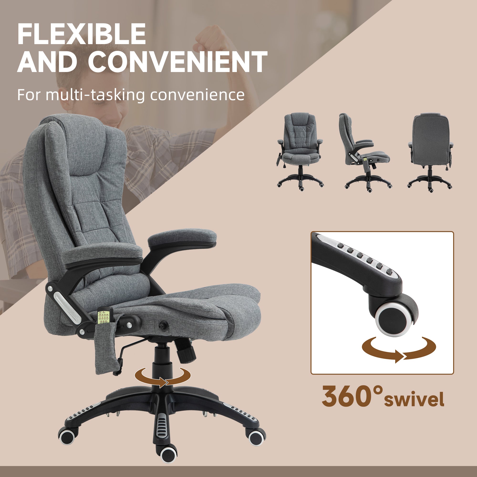 Vinsetto Massage Recliner Chair Heated Office Chair with Six Massage Points Linen-Feel Fabric 360\'c2\'b0 Swivel Wheels Grey