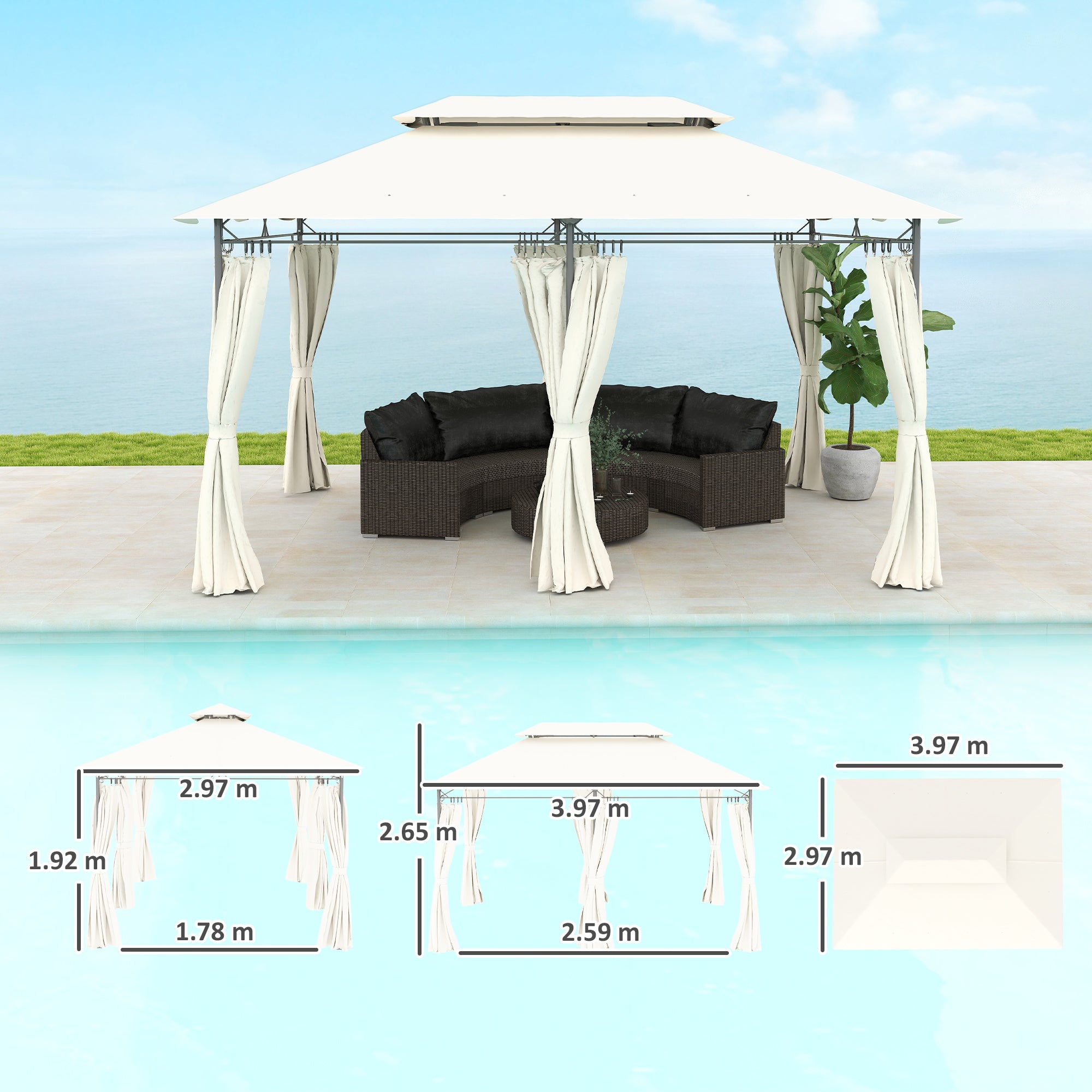Outsunny 3 x 4m Metal Frame, Two-Tier Roof Gazebo - Cream White